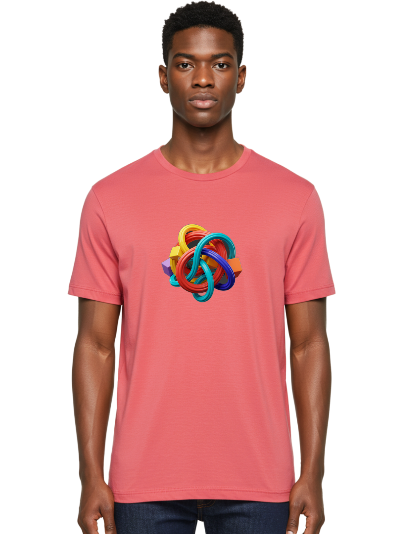 Colorful-Rings-And-Cubes Men'S Graphic Tee, 100% Cotton, Comfortable Casual Summer Wear, Machine Washable, Interconnected Rings, 3D Graphics, Colorful Shapes, Abstract Art, Vibrant Colors, Geometric Forms, Dynamic Composition, Modern Design, Baa393