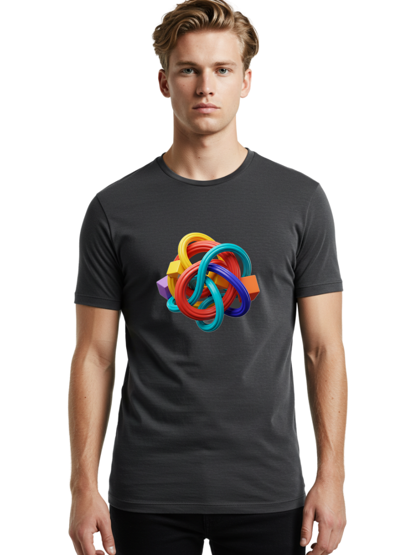Colorful-Rings-And-Cubes Men'S Graphic Tee, 100% Cotton, Comfortable Casual Summer Wear, Machine Washable, Interconnected Rings, 3D Graphics, Colorful Shapes, Abstract Art, Vibrant Colors, Geometric Forms, Dynamic Composition, Modern Design, Baa393