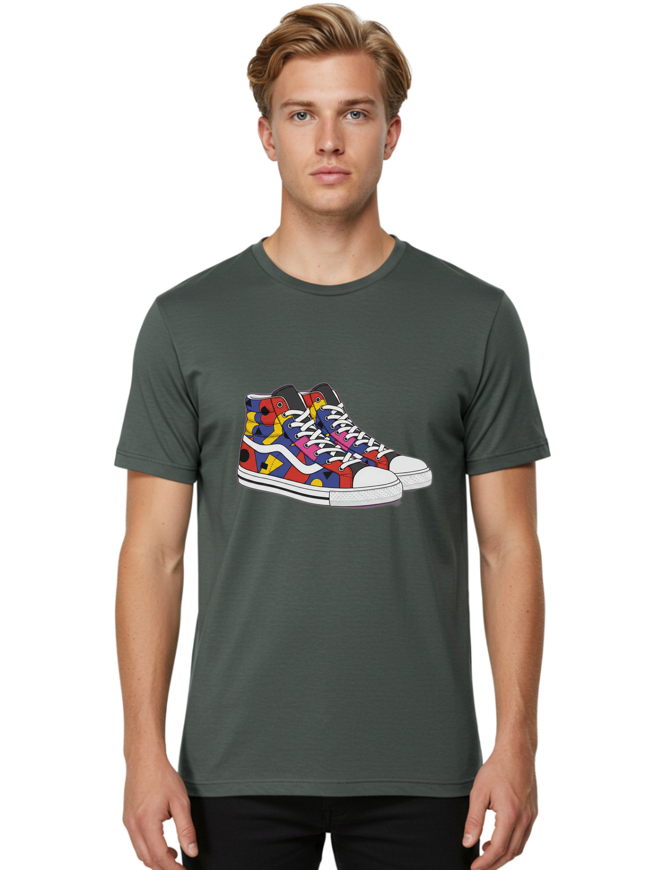 Colorful-Sneakers Men'S Graphic Tee, 100% Cotton, Comfortable Casual Summer Wear, Machine Washable, High-Top Sneakers, Colorful Sneakers, Abstract Shapes, Vibrant Colors, Bold Design, Streetwear Fashion, Trendy Footwear, White Laces, Baa394