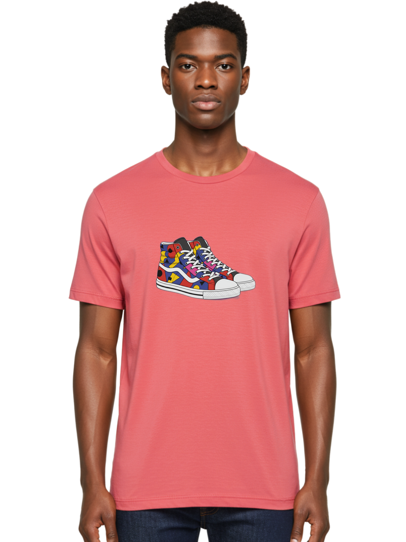 Colorful-Sneakers Men'S Graphic Tee, 100% Cotton, Comfortable Casual Summer Wear, Machine Washable, High-Top Sneakers, Colorful Sneakers, Abstract Shapes, Vibrant Colors, Bold Design, Streetwear Fashion, Trendy Footwear, White Laces, Baa394