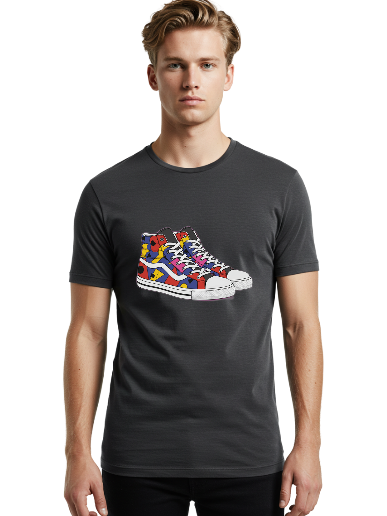 Colorful-Sneakers Men'S Graphic Tee, 100% Cotton, Comfortable Casual Summer Wear, Machine Washable, High-Top Sneakers, Colorful Sneakers, Abstract Shapes, Vibrant Colors, Bold Design, Streetwear Fashion, Trendy Footwear, White Laces, Baa394