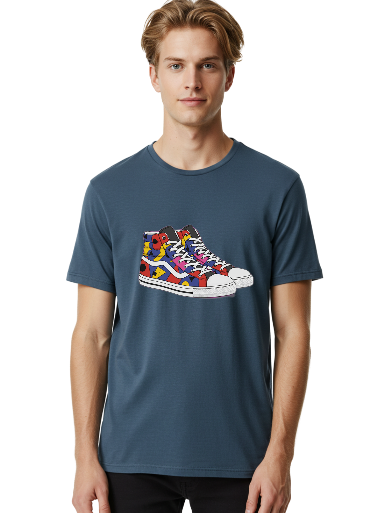 Colorful-Sneakers Men'S Graphic Tee, 100% Cotton, Comfortable Casual Summer Wear, Machine Washable, High-Top Sneakers, Colorful Sneakers, Abstract Shapes, Vibrant Colors, Bold Design, Streetwear Fashion, Trendy Footwear, White Laces, Baa394