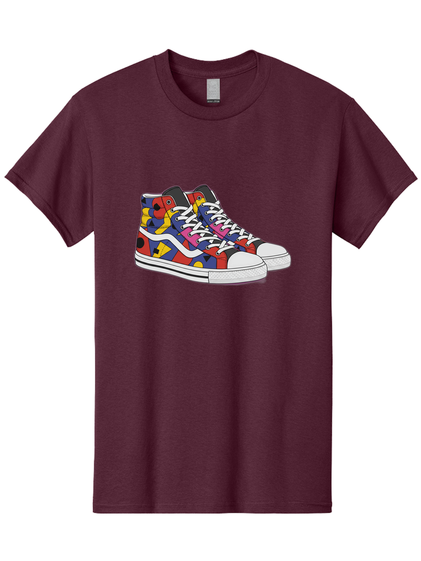 Colorful-Sneakers Men'S Graphic Tee, 100% Cotton, Comfortable Casual Summer Wear, Machine Washable, High-Top Sneakers, Colorful Sneakers, Abstract Shapes, Vibrant Colors, Bold Design, Streetwear Fashion, Trendy Footwear, White Laces, Baa394