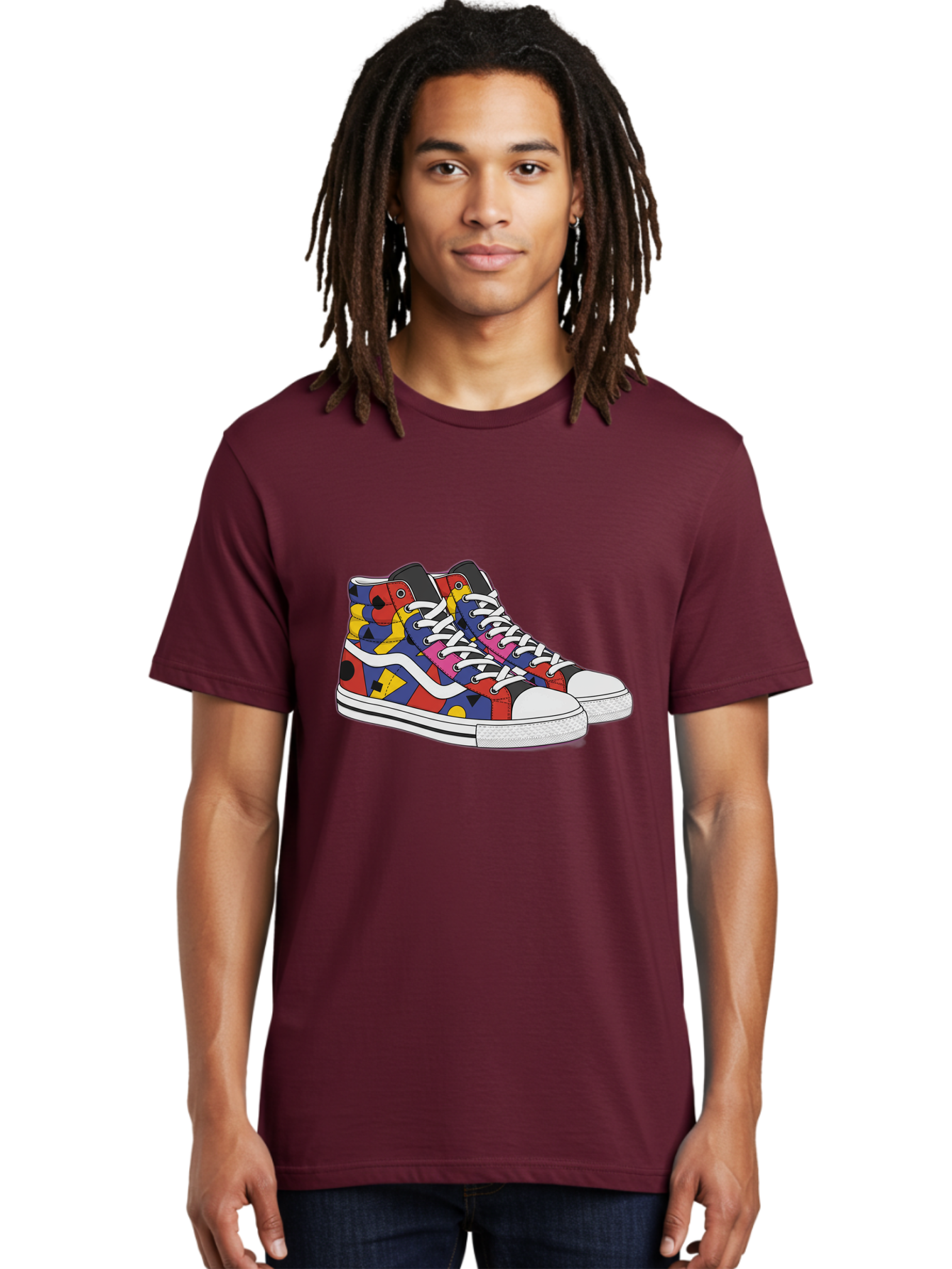 Colorful-Sneakers Men'S Graphic Tee, 100% Cotton, Comfortable Casual Summer Wear, Machine Washable, High-Top Sneakers, Colorful Sneakers, Abstract Shapes, Vibrant Colors, Bold Design, Streetwear Fashion, Trendy Footwear, White Laces, Baa394