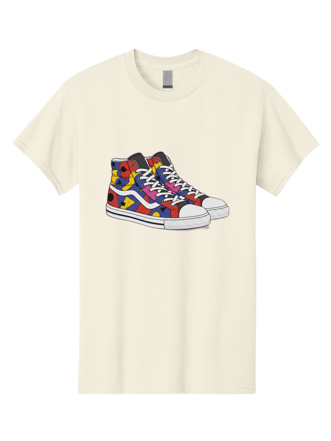 Colorful-Sneakers Men'S Graphic Tee, 100% Cotton, Comfortable Casual Summer Wear, Machine Washable, High-Top Sneakers, Colorful Sneakers, Abstract Shapes, Vibrant Colors, Bold Design, Streetwear Fashion, Trendy Footwear, White Laces, Baa394