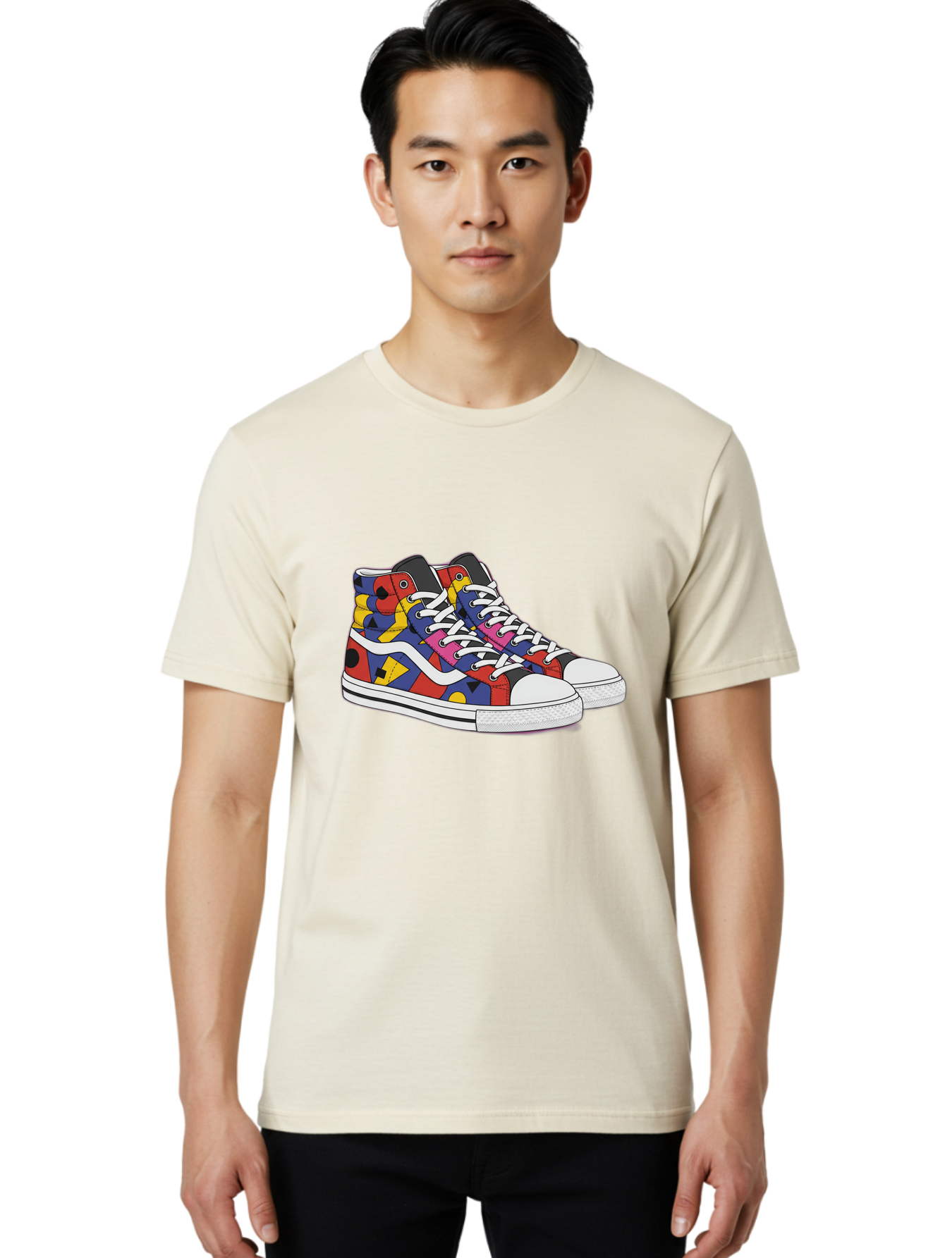 Colorful-Sneakers Men'S Graphic Tee, 100% Cotton, Comfortable Casual Summer Wear, Machine Washable, High-Top Sneakers, Colorful Sneakers, Abstract Shapes, Vibrant Colors, Bold Design, Streetwear Fashion, Trendy Footwear, White Laces, Baa394