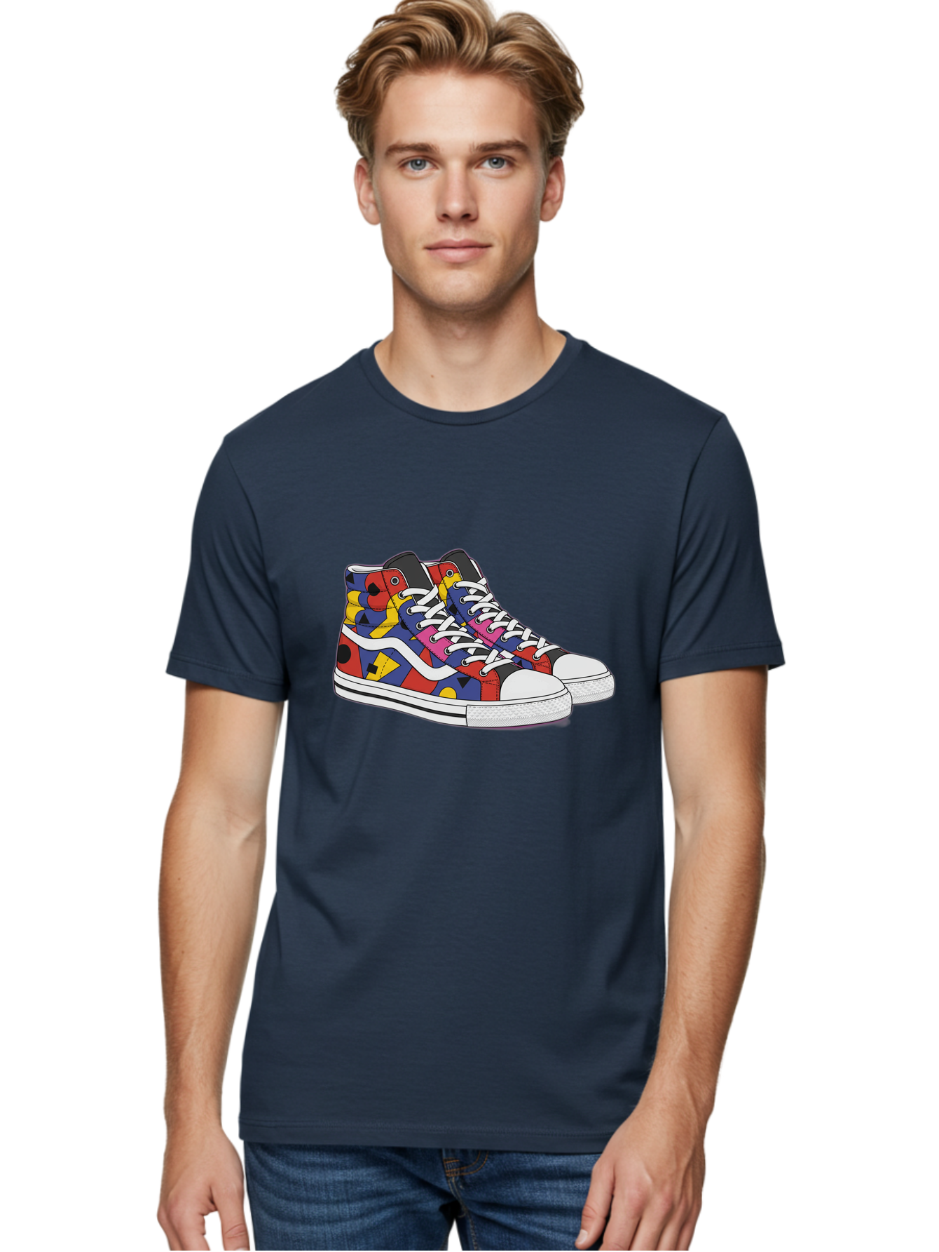 Colorful-Sneakers Men'S Graphic Tee, 100% Cotton, Comfortable Casual Summer Wear, Machine Washable, High-Top Sneakers, Colorful Sneakers, Abstract Shapes, Vibrant Colors, Bold Design, Streetwear Fashion, Trendy Footwear, White Laces, Baa394