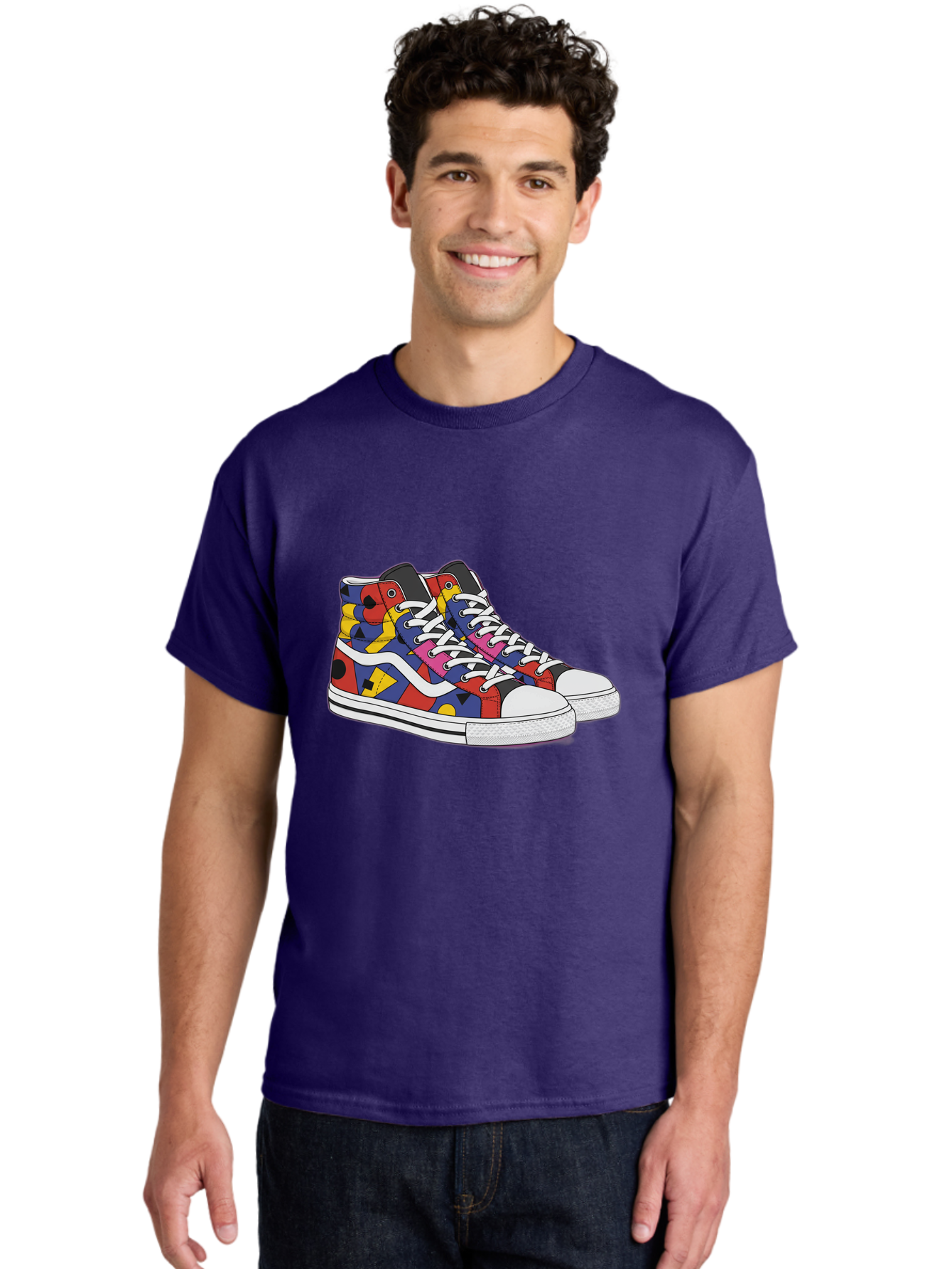 Colorful-Sneakers Men'S Graphic Tee, 100% Cotton, Comfortable Casual Summer Wear, Machine Washable, High-Top Sneakers, Colorful Sneakers, Abstract Shapes, Vibrant Colors, Bold Design, Streetwear Fashion, Trendy Footwear, White Laces, Baa394