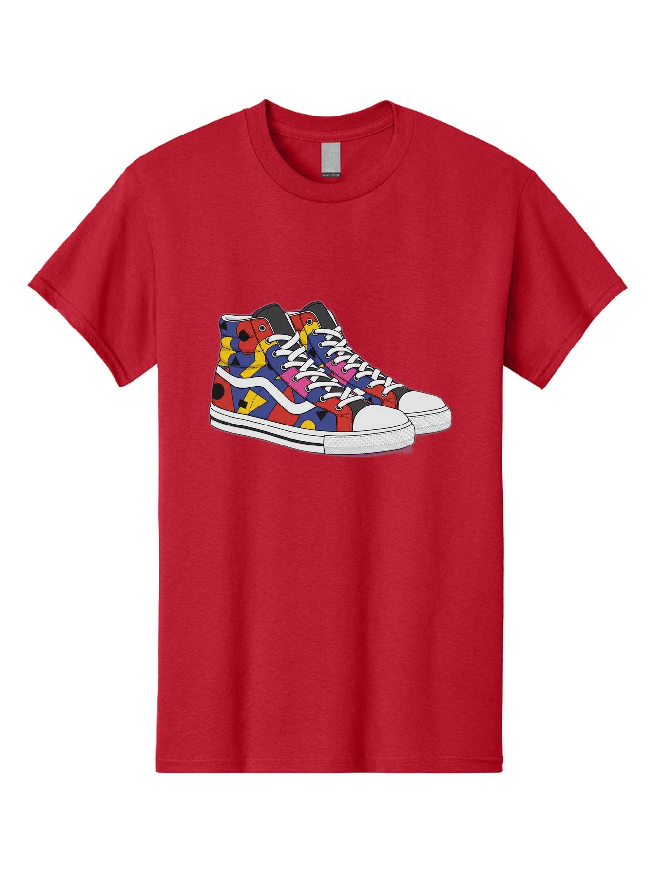 Colorful-Sneakers Men'S Graphic Tee, 100% Cotton, Comfortable Casual Summer Wear, Machine Washable, High-Top Sneakers, Colorful Sneakers, Abstract Shapes, Vibrant Colors, Bold Design, Streetwear Fashion, Trendy Footwear, White Laces, Baa394