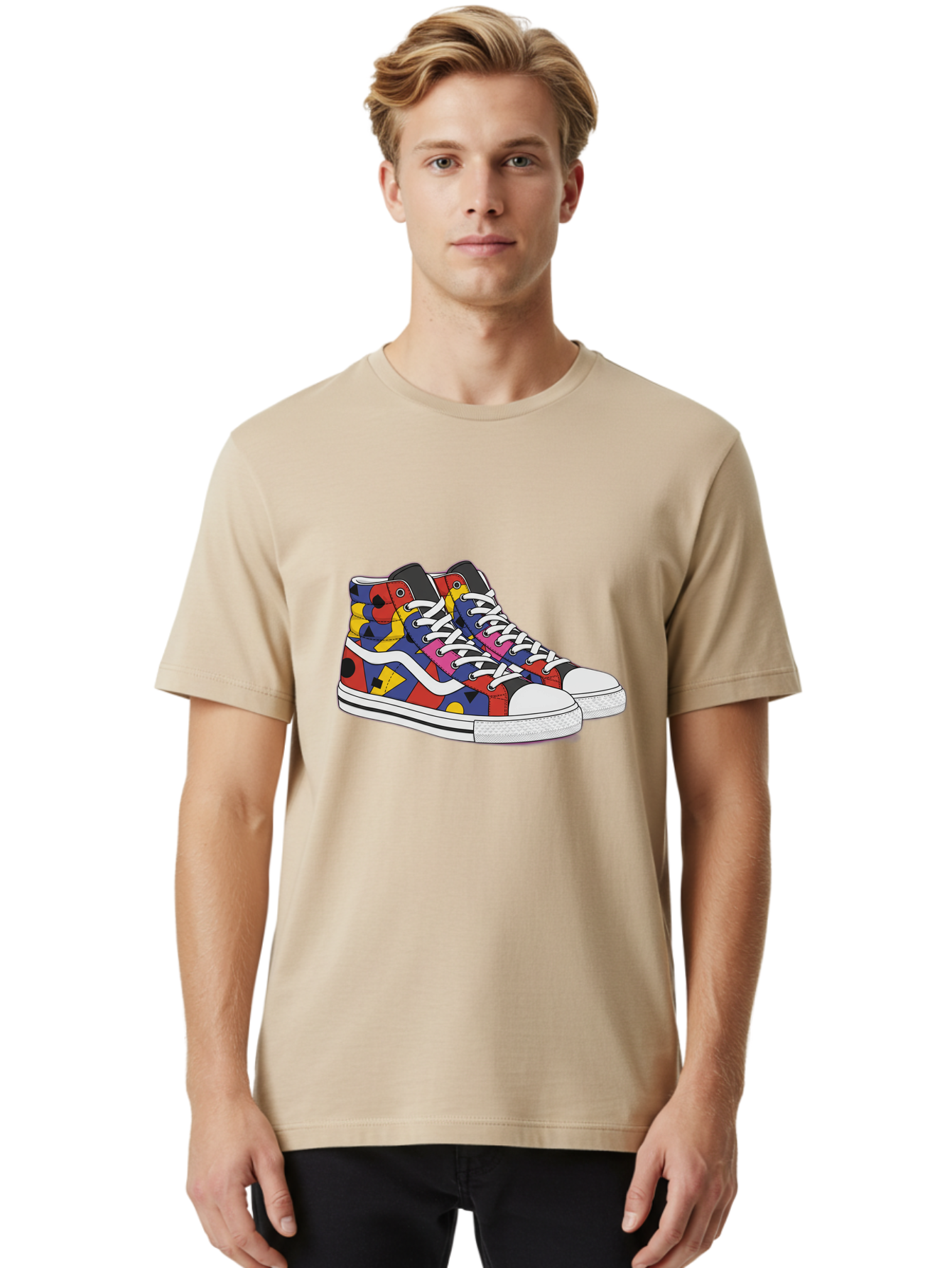 Colorful-Sneakers Men'S Graphic Tee, 100% Cotton, Comfortable Casual Summer Wear, Machine Washable, High-Top Sneakers, Colorful Sneakers, Abstract Shapes, Vibrant Colors, Bold Design, Streetwear Fashion, Trendy Footwear, White Laces, Baa394
