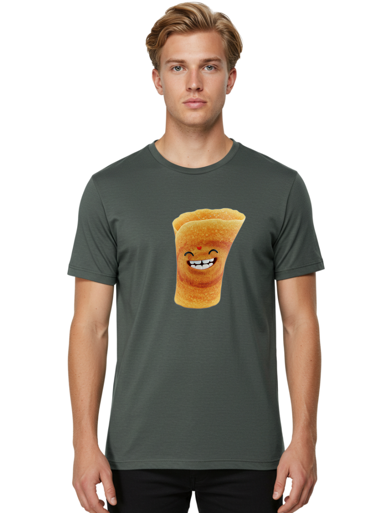 Conical-Crepe Men'S Graphic Tee, 100% Cotton, Comfortable Casual Summer Wear, Machine Washable, Crepe Cone, Smiling Face, Happy Expression, Food Illustration, Cartoon Character, Breakfast Food, Dessert Cone, Sweet Treat, Tasty Delight, Baa395