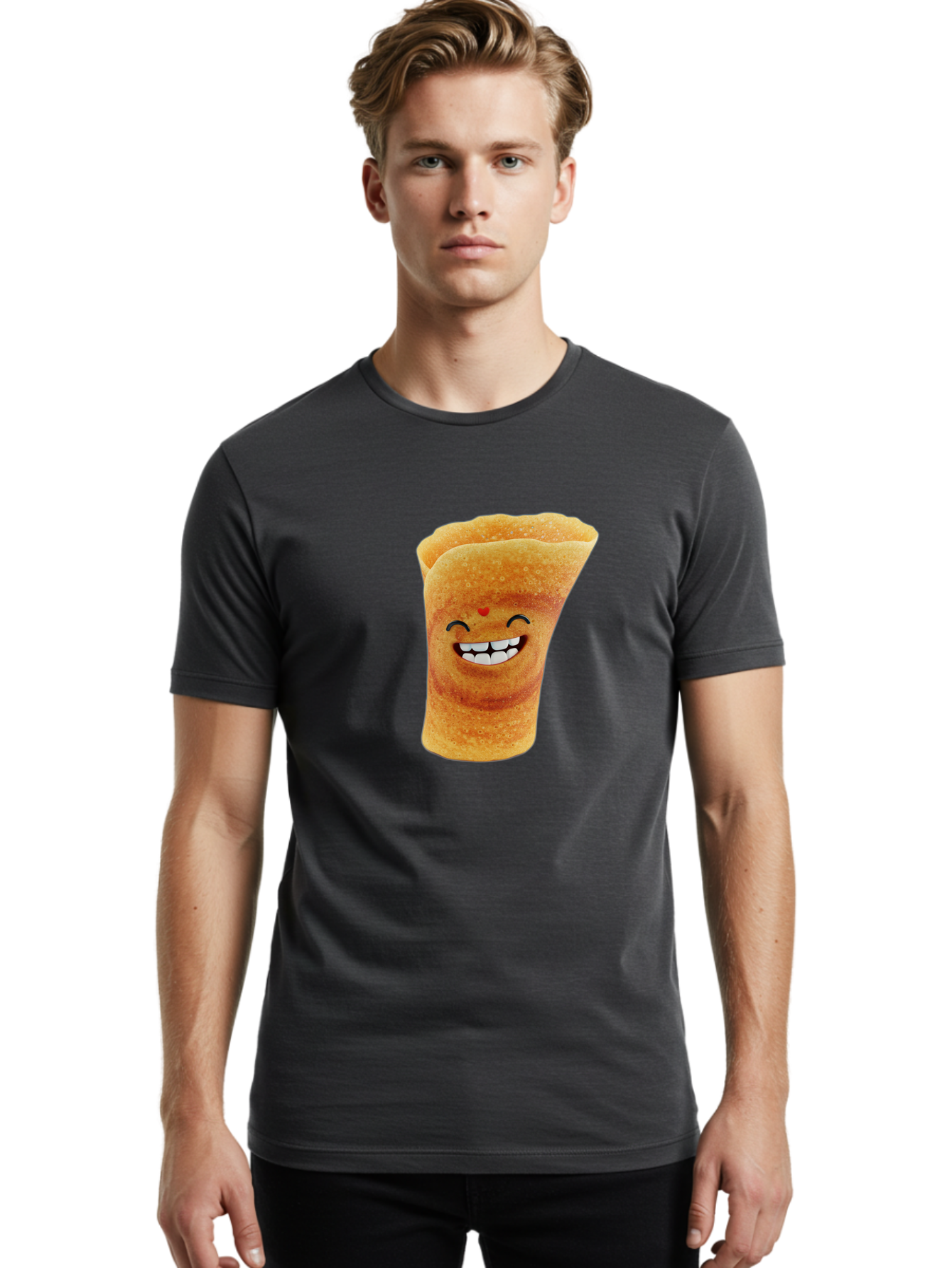 Conical-Crepe Men'S Graphic Tee, 100% Cotton, Comfortable Casual Summer Wear, Machine Washable, Crepe Cone, Smiling Face, Happy Expression, Food Illustration, Cartoon Character, Breakfast Food, Dessert Cone, Sweet Treat, Tasty Delight, Baa395