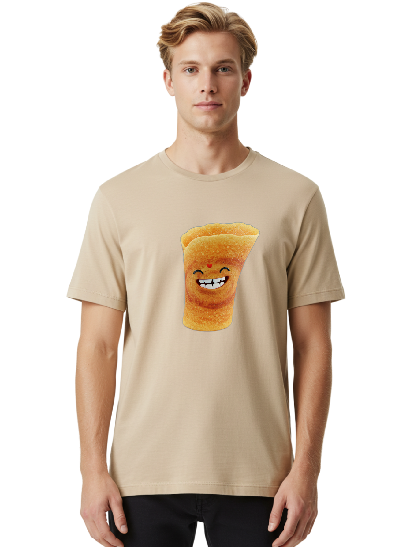 Conical-Crepe Men'S Graphic Tee, 100% Cotton, Comfortable Casual Summer Wear, Machine Washable, Crepe Cone, Smiling Face, Happy Expression, Food Illustration, Cartoon Character, Breakfast Food, Dessert Cone, Sweet Treat, Tasty Delight, Baa395