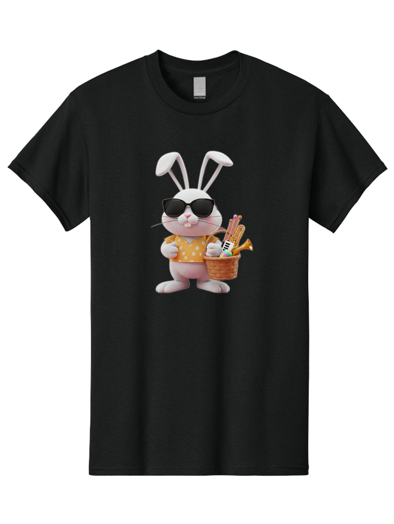 Cool-Bunny-Easter Men'S Graphic Tee, 100% Cotton, Comfortable Casual Summer Wear, Machine Washable, Easter Bunny With Sunglasses, Orange Polka Dot Shirt, Wicker Basket, Trumpet, Party Horns, Easter Eggs, Festive Accessories, Cartoon Character, Baa398