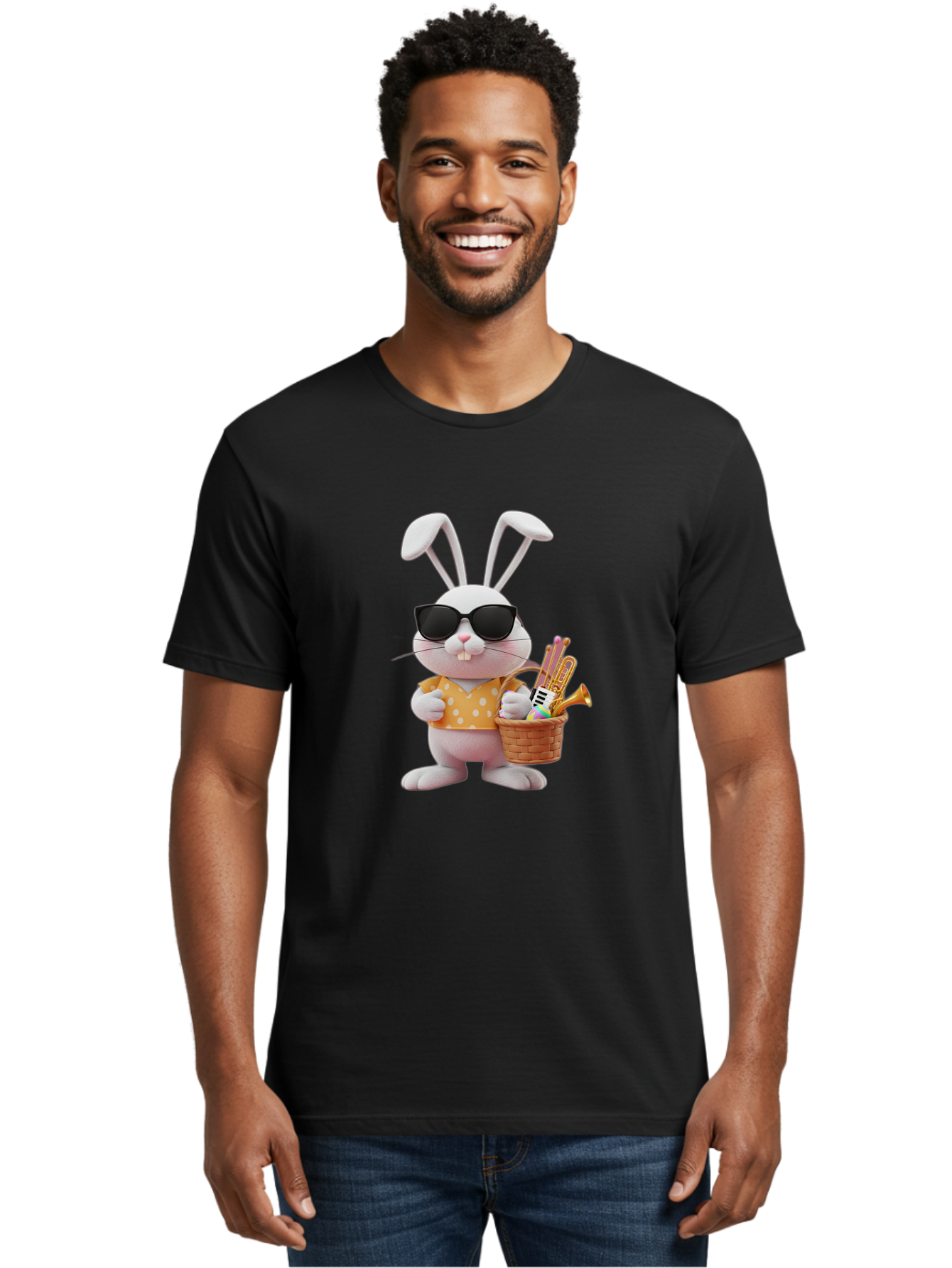 Cool-Bunny-Easter Men'S Graphic Tee, 100% Cotton, Comfortable Casual Summer Wear, Machine Washable, Easter Bunny With Sunglasses, Orange Polka Dot Shirt, Wicker Basket, Trumpet, Party Horns, Easter Eggs, Festive Accessories, Cartoon Character, Baa398