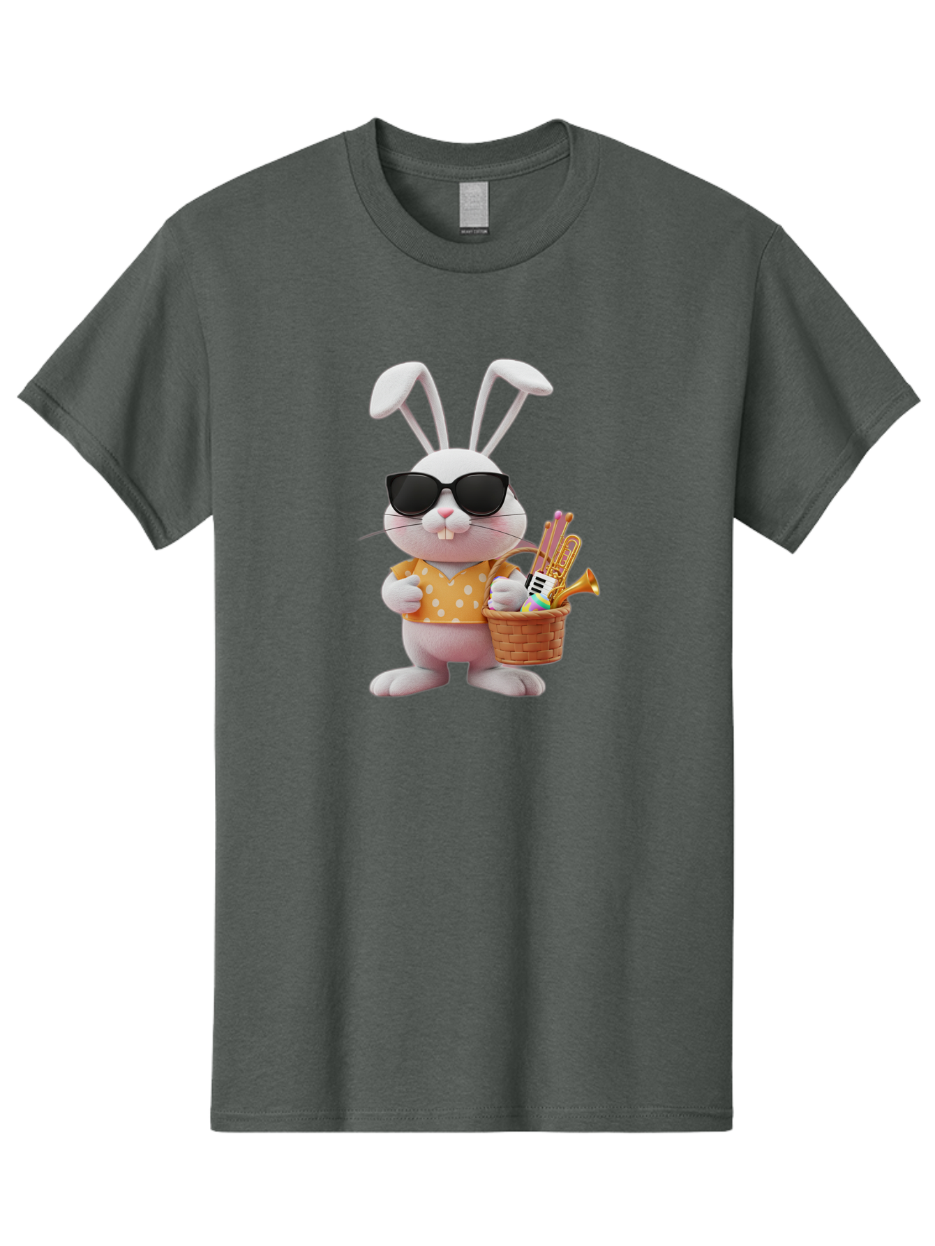 Cool-Bunny-Easter Men'S Graphic Tee, 100% Cotton, Comfortable Casual Summer Wear, Machine Washable, Easter Bunny With Sunglasses, Orange Polka Dot Shirt, Wicker Basket, Trumpet, Party Horns, Easter Eggs, Festive Accessories, Cartoon Character, Baa398