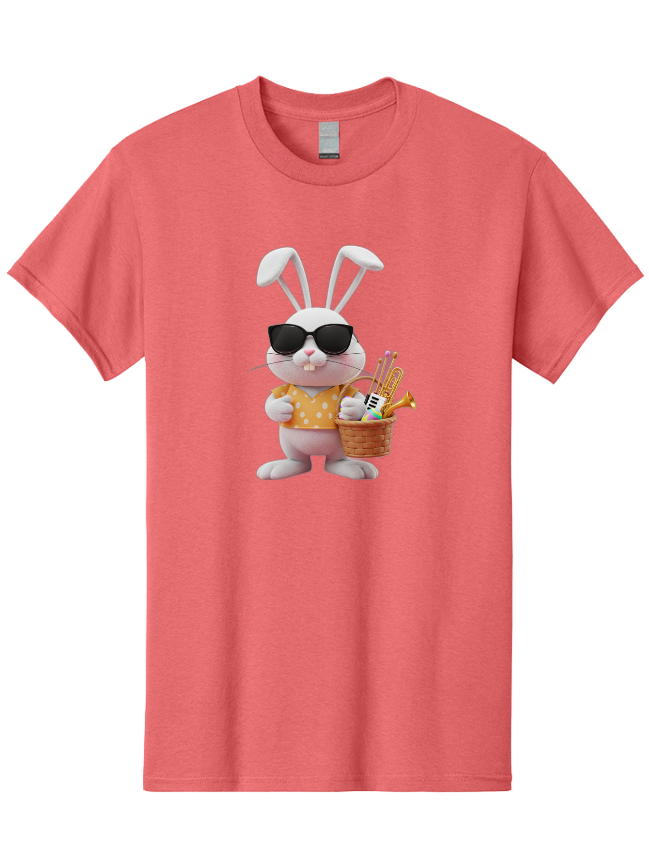 Cool-Bunny-Easter Men'S Graphic Tee, 100% Cotton, Comfortable Casual Summer Wear, Machine Washable, Easter Bunny With Sunglasses, Orange Polka Dot Shirt, Wicker Basket, Trumpet, Party Horns, Easter Eggs, Festive Accessories, Cartoon Character, Baa398