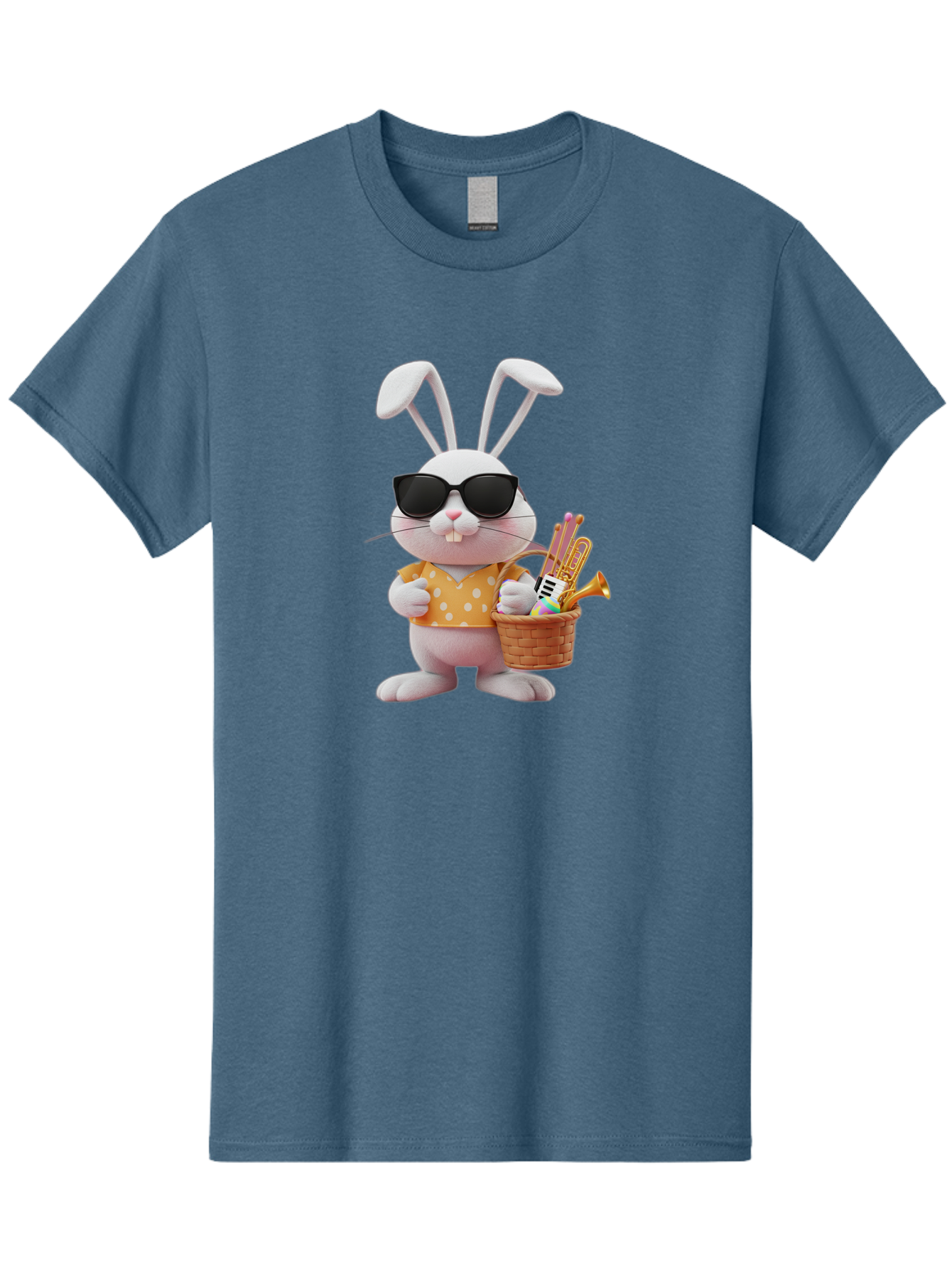 Cool-Bunny-Easter Men'S Graphic Tee, 100% Cotton, Comfortable Casual Summer Wear, Machine Washable, Easter Bunny With Sunglasses, Orange Polka Dot Shirt, Wicker Basket, Trumpet, Party Horns, Easter Eggs, Festive Accessories, Cartoon Character, Baa398