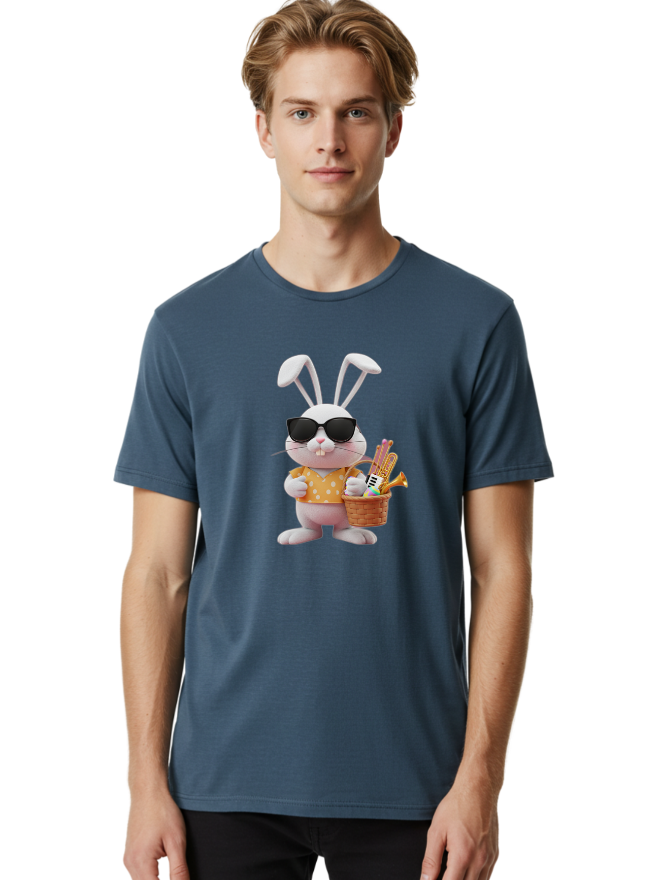 Cool-Bunny-Easter Men'S Graphic Tee, 100% Cotton, Comfortable Casual Summer Wear, Machine Washable, Easter Bunny With Sunglasses, Orange Polka Dot Shirt, Wicker Basket, Trumpet, Party Horns, Easter Eggs, Festive Accessories, Cartoon Character, Baa398