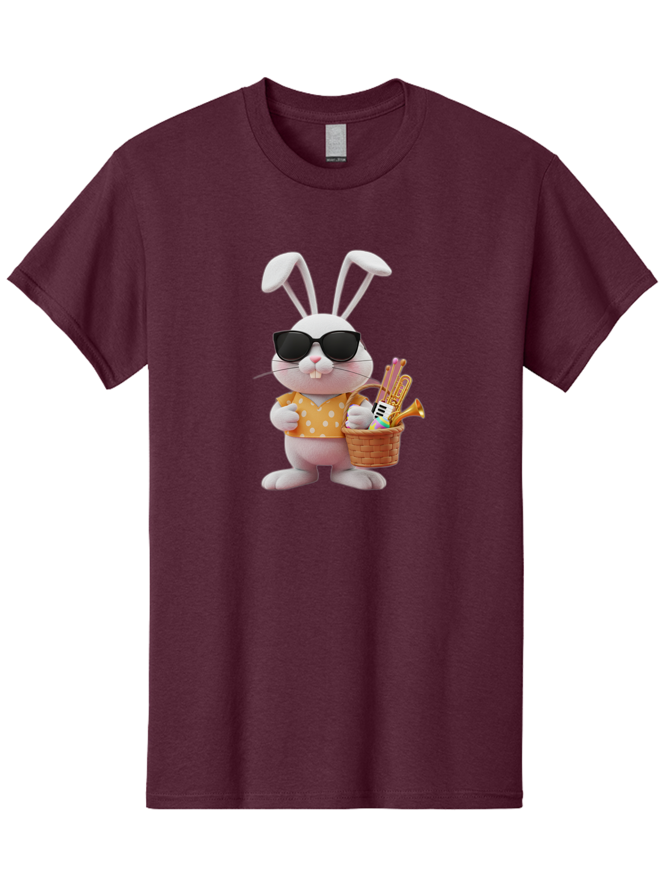 Cool-Bunny-Easter Men'S Graphic Tee, 100% Cotton, Comfortable Casual Summer Wear, Machine Washable, Easter Bunny With Sunglasses, Orange Polka Dot Shirt, Wicker Basket, Trumpet, Party Horns, Easter Eggs, Festive Accessories, Cartoon Character, Baa398
