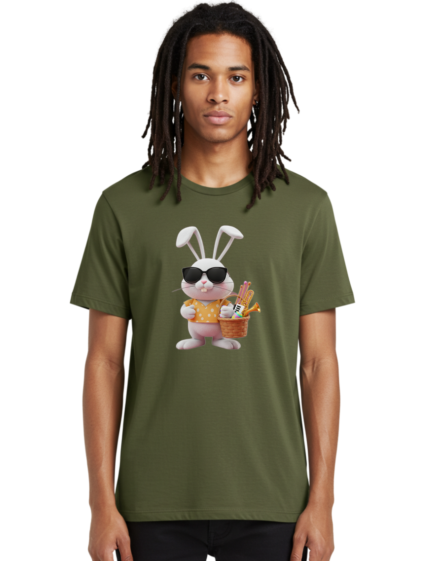 Cool-Bunny-Easter Men'S Graphic Tee, 100% Cotton, Comfortable Casual Summer Wear, Machine Washable, Easter Bunny With Sunglasses, Orange Polka Dot Shirt, Wicker Basket, Trumpet, Party Horns, Easter Eggs, Festive Accessories, Cartoon Character, Baa398