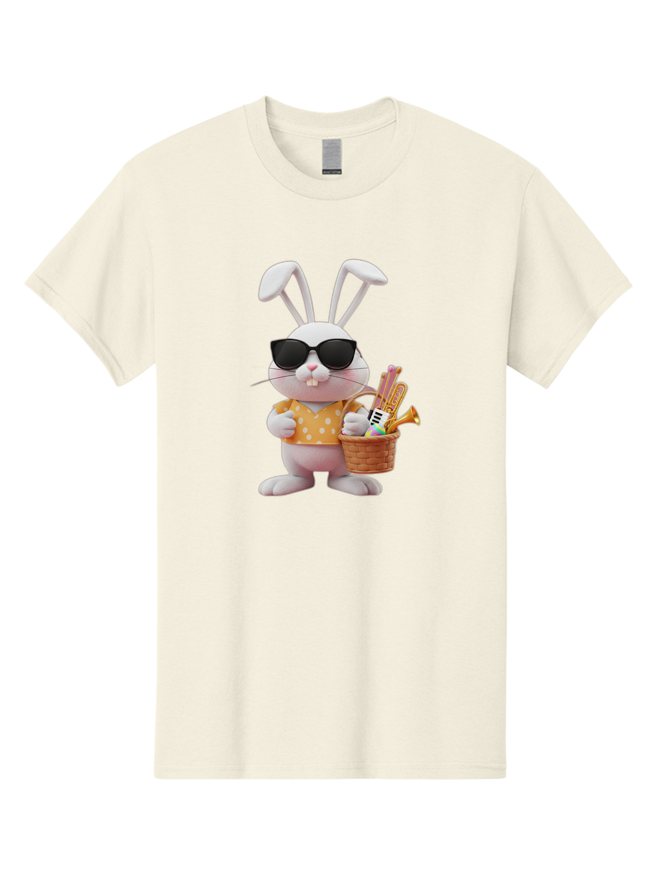 Cool-Bunny-Easter Men'S Graphic Tee, 100% Cotton, Comfortable Casual Summer Wear, Machine Washable, Easter Bunny With Sunglasses, Orange Polka Dot Shirt, Wicker Basket, Trumpet, Party Horns, Easter Eggs, Festive Accessories, Cartoon Character, Baa398