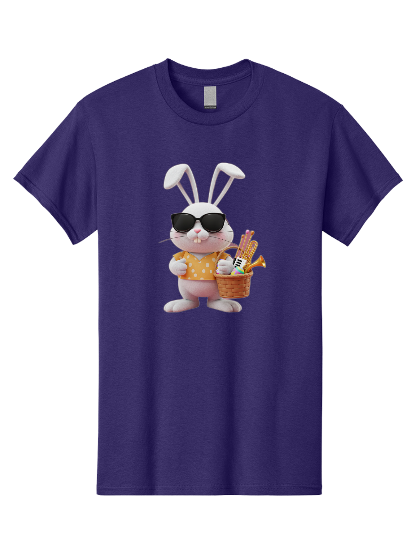 Cool-Bunny-Easter Men'S Graphic Tee, 100% Cotton, Comfortable Casual Summer Wear, Machine Washable, Easter Bunny With Sunglasses, Orange Polka Dot Shirt, Wicker Basket, Trumpet, Party Horns, Easter Eggs, Festive Accessories, Cartoon Character, Baa398