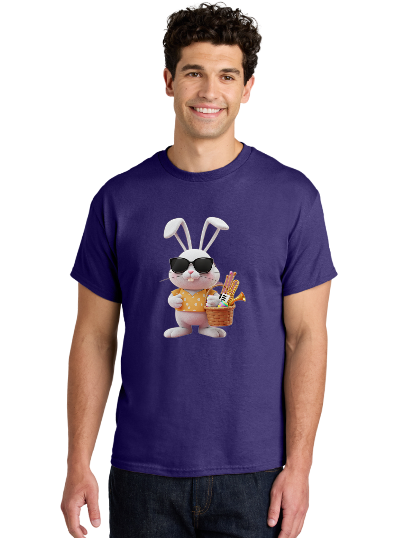 Cool-Bunny-Easter Men'S Graphic Tee, 100% Cotton, Comfortable Casual Summer Wear, Machine Washable, Easter Bunny With Sunglasses, Orange Polka Dot Shirt, Wicker Basket, Trumpet, Party Horns, Easter Eggs, Festive Accessories, Cartoon Character, Baa398