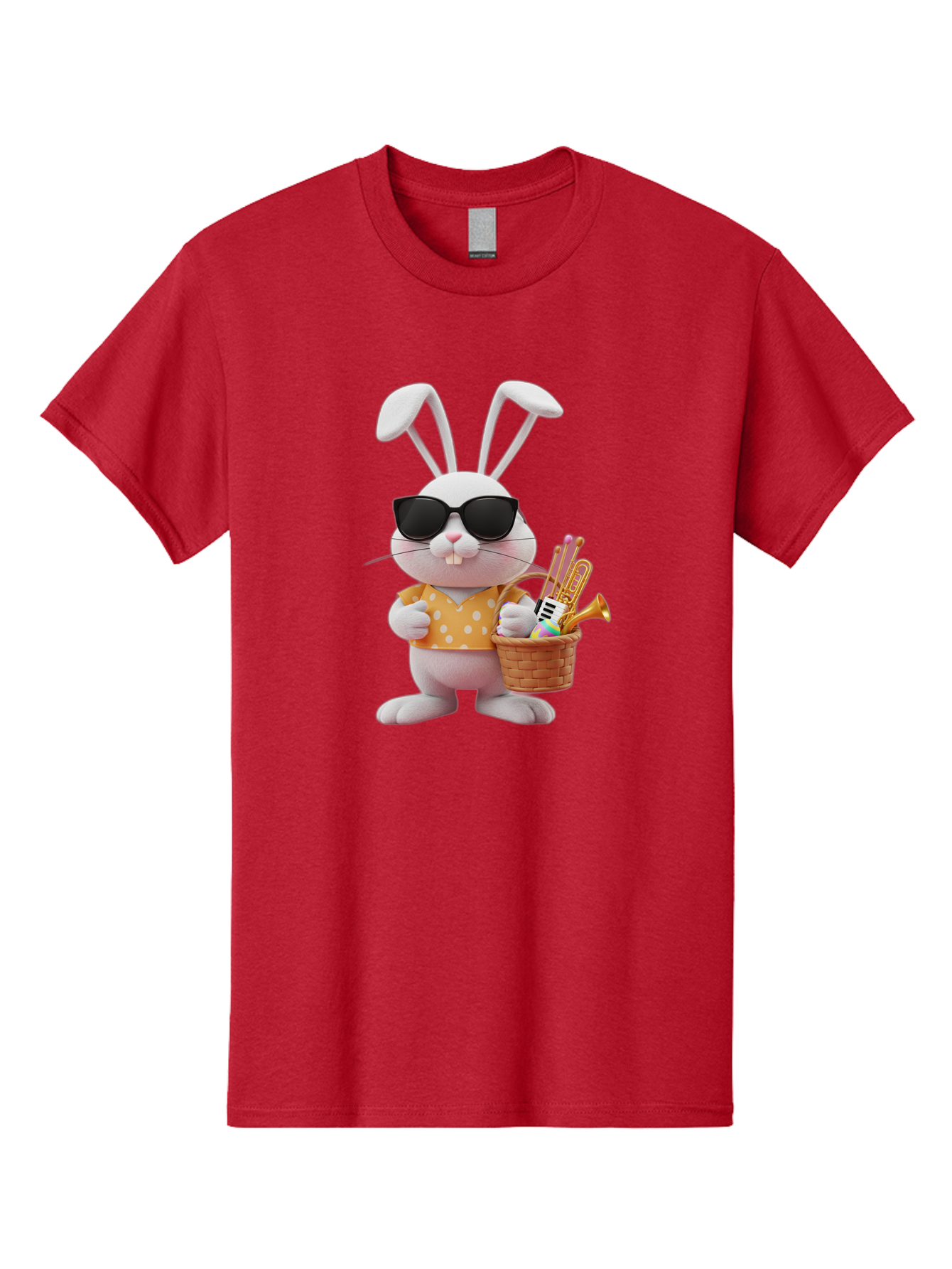 Cool-Bunny-Easter Men'S Graphic Tee, 100% Cotton, Comfortable Casual Summer Wear, Machine Washable, Easter Bunny With Sunglasses, Orange Polka Dot Shirt, Wicker Basket, Trumpet, Party Horns, Easter Eggs, Festive Accessories, Cartoon Character, Baa398