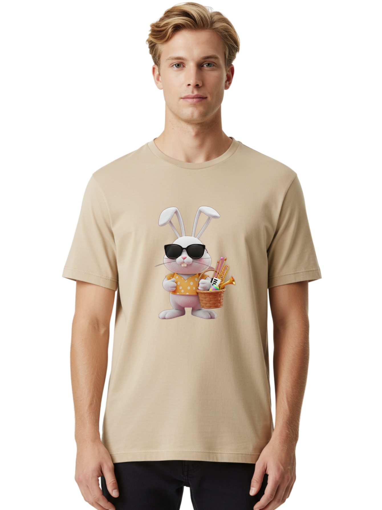 Cool-Bunny-Easter Men'S Graphic Tee, 100% Cotton, Comfortable Casual Summer Wear, Machine Washable, Easter Bunny With Sunglasses, Orange Polka Dot Shirt, Wicker Basket, Trumpet, Party Horns, Easter Eggs, Festive Accessories, Cartoon Character, Baa398
