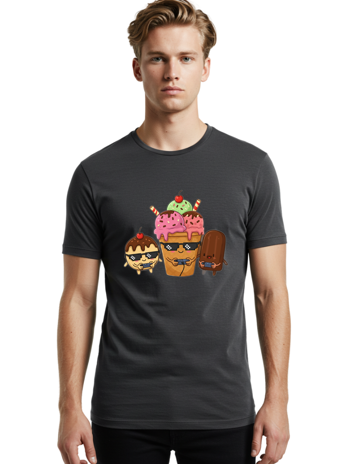 Cool-Ice-Cream-1 Men'S Graphic Tee, 100% Cotton, Comfortable Casual Summer Wear, Machine Washable, Cute Ice Cream Characters, Ice Cream Cone, Chocolate Chip Cookie Dough Ice Cream, Strawberry Ice Cream, Mint Chocolate Chip Ice Cream, Baa399