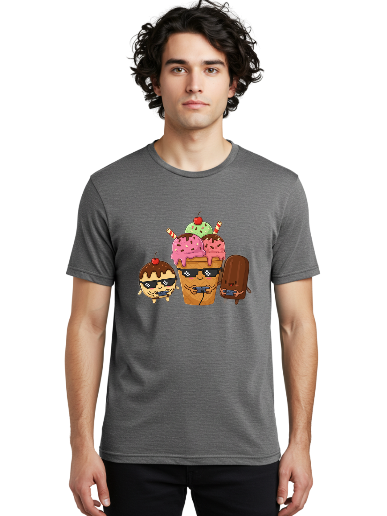 Cool-Ice-Cream-1 Men'S Graphic Tee, 100% Cotton, Comfortable Casual Summer Wear, Machine Washable, Cute Ice Cream Characters, Ice Cream Cone, Chocolate Chip Cookie Dough Ice Cream, Strawberry Ice Cream, Mint Chocolate Chip Ice Cream, Baa399