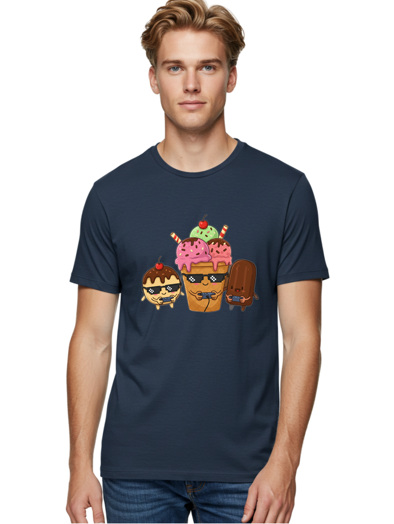 Cool-Ice-Cream-1 Men'S Graphic Tee, 100% Cotton, Comfortable Casual Summer Wear, Machine Washable, Cute Ice Cream Characters, Ice Cream Cone, Chocolate Chip Cookie Dough Ice Cream, Strawberry Ice Cream, Mint Chocolate Chip Ice Cream, Baa399
