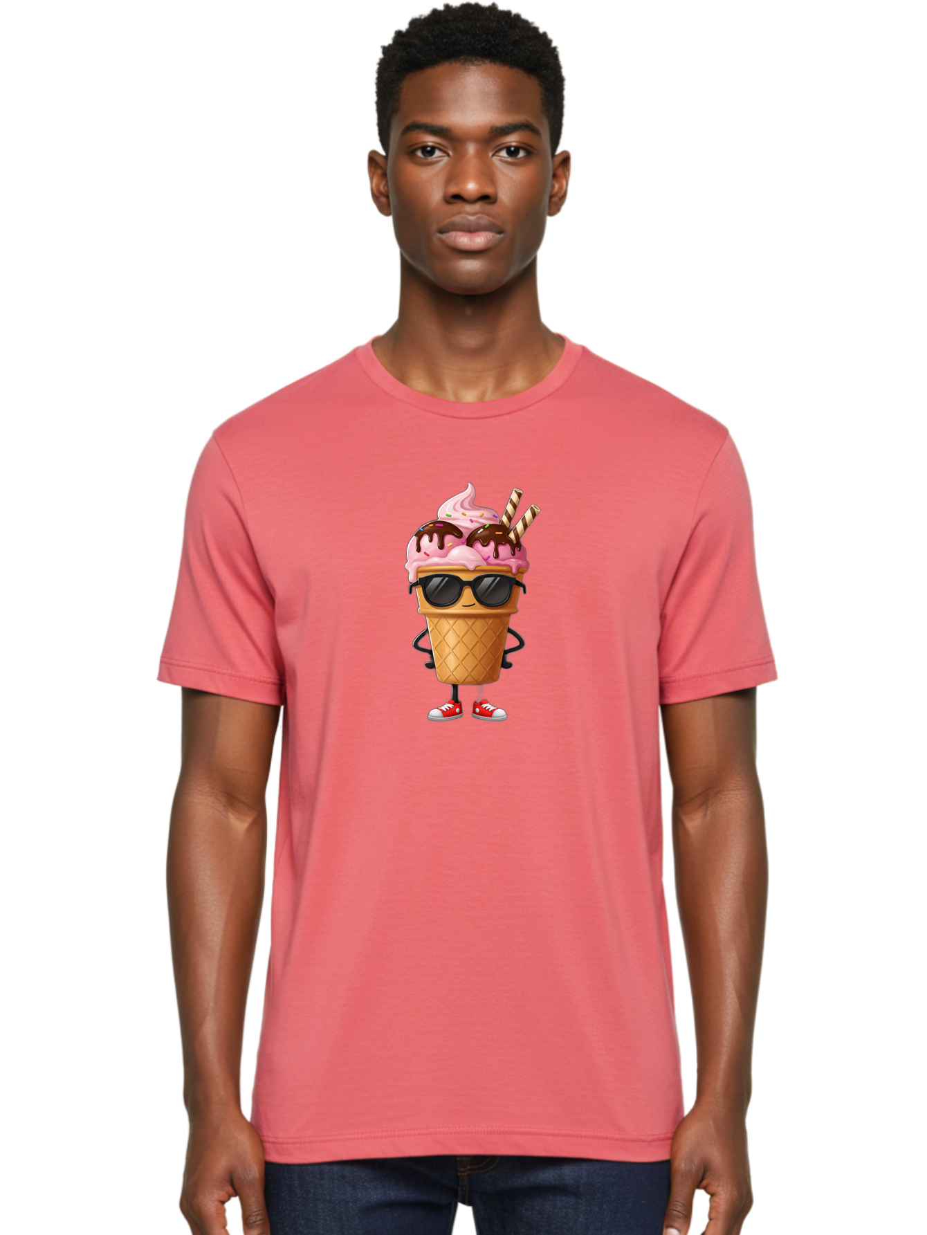 Cool-Ice-Cream-2 Men'S Graphic Tee, 100% Cotton, Comfortable Casual Summer Wear, Machine Washable, Ice Cream Cone Character, Pink Ice Cream, Chocolate Sauce, Striped Straws, Sunglasses, Red Sneakers, Cartoon Character, Sweet Treat, Baa400