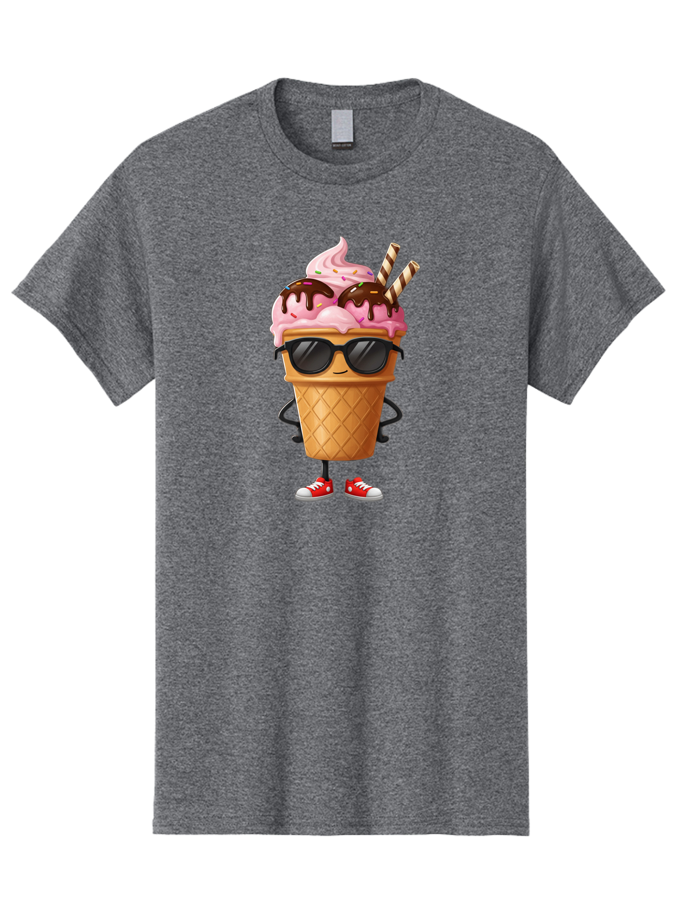 Cool-Ice-Cream-2 Men'S Graphic Tee, 100% Cotton, Comfortable Casual Summer Wear, Machine Washable, Ice Cream Cone Character, Pink Ice Cream, Chocolate Sauce, Striped Straws, Sunglasses, Red Sneakers, Cartoon Character, Sweet Treat, Baa400