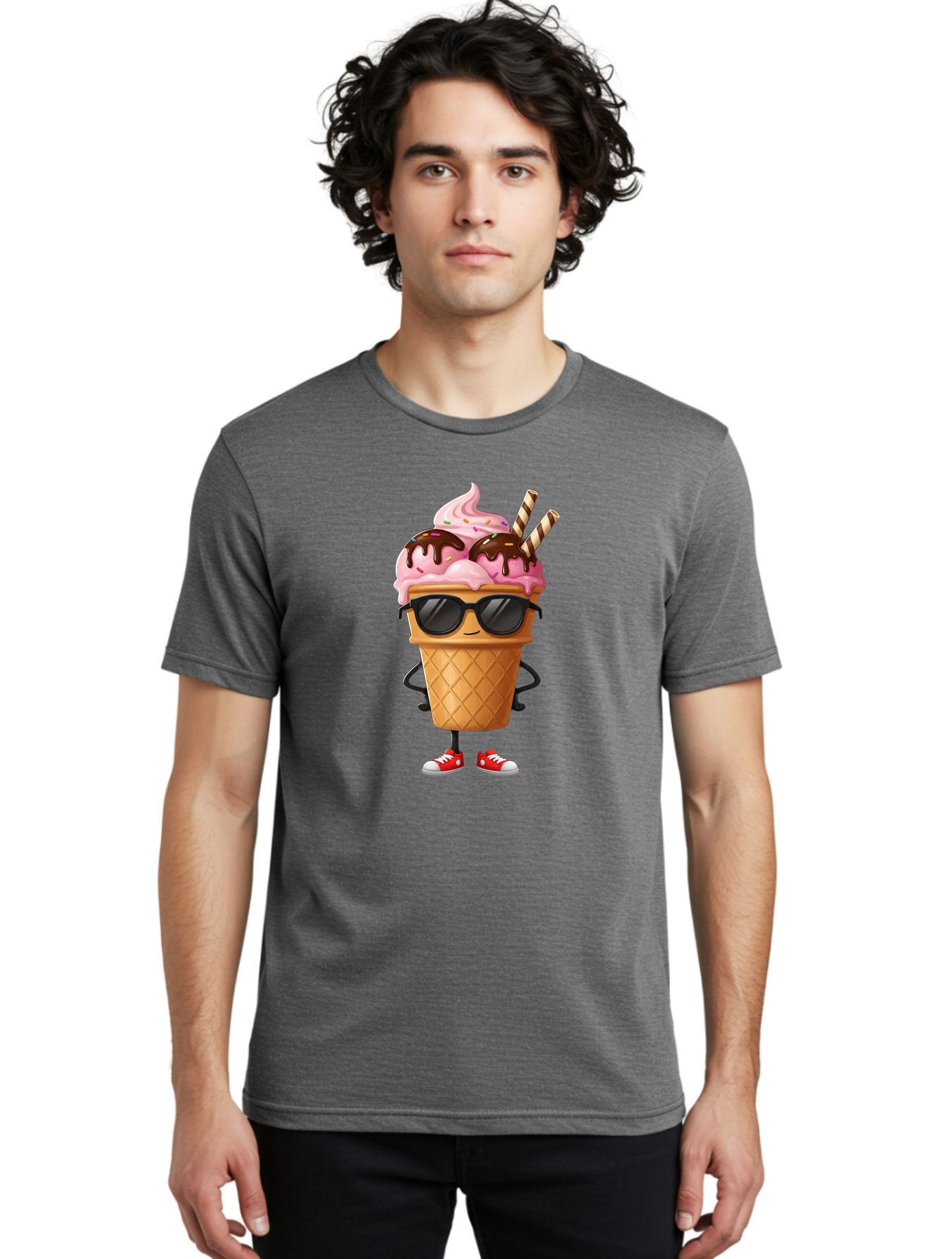 Cool-Ice-Cream-2 Men'S Graphic Tee, 100% Cotton, Comfortable Casual Summer Wear, Machine Washable, Ice Cream Cone Character, Pink Ice Cream, Chocolate Sauce, Striped Straws, Sunglasses, Red Sneakers, Cartoon Character, Sweet Treat, Baa400