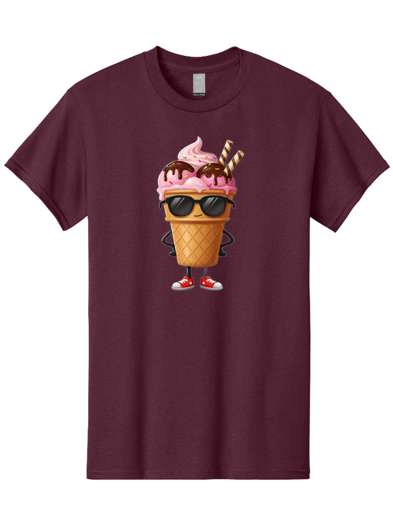 Cool-Ice-Cream-2 Men'S Graphic Tee, 100% Cotton, Comfortable Casual Summer Wear, Machine Washable, Ice Cream Cone Character, Pink Ice Cream, Chocolate Sauce, Striped Straws, Sunglasses, Red Sneakers, Cartoon Character, Sweet Treat, Baa400