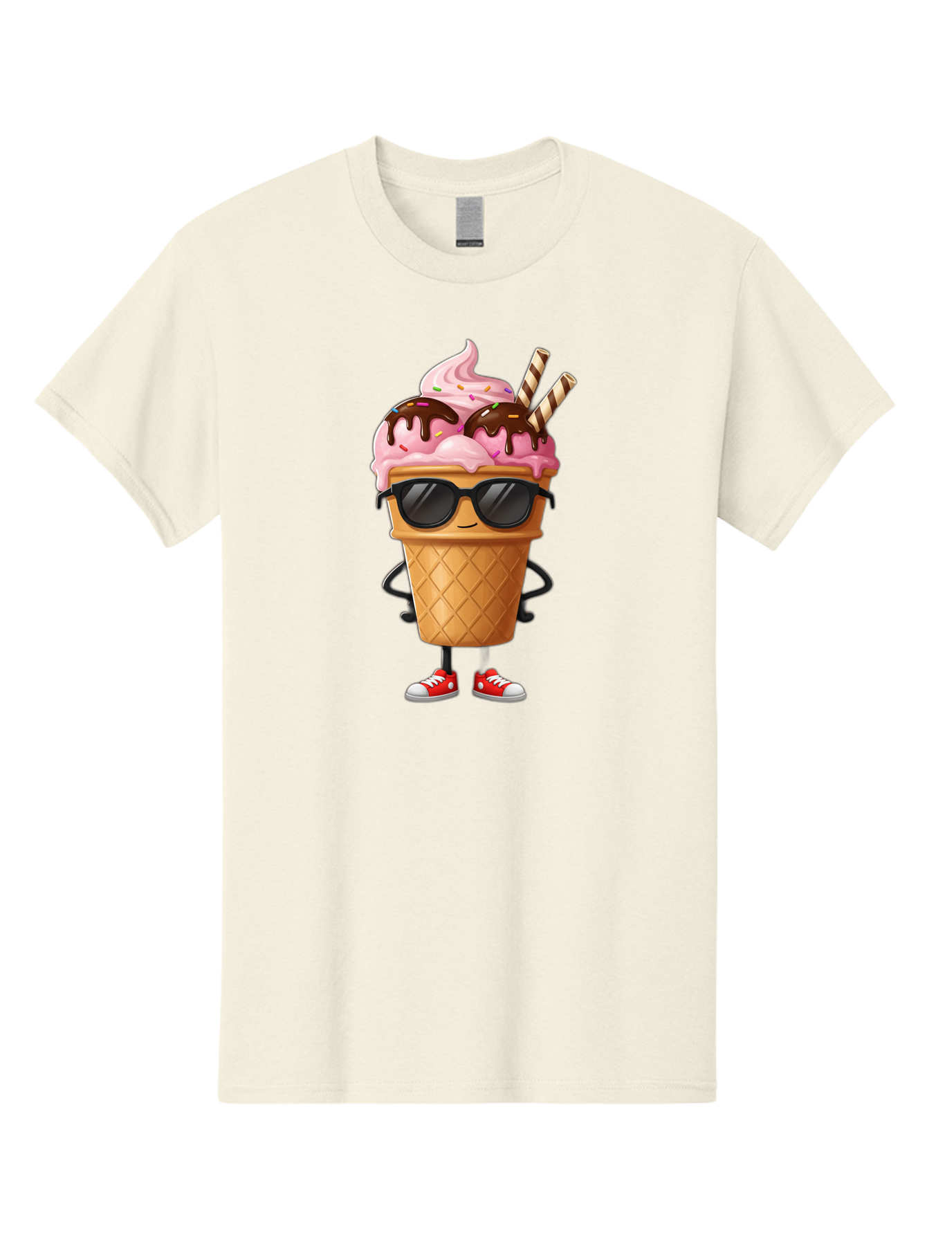 Cool-Ice-Cream-2 Men'S Graphic Tee, 100% Cotton, Comfortable Casual Summer Wear, Machine Washable, Ice Cream Cone Character, Pink Ice Cream, Chocolate Sauce, Striped Straws, Sunglasses, Red Sneakers, Cartoon Character, Sweet Treat, Baa400