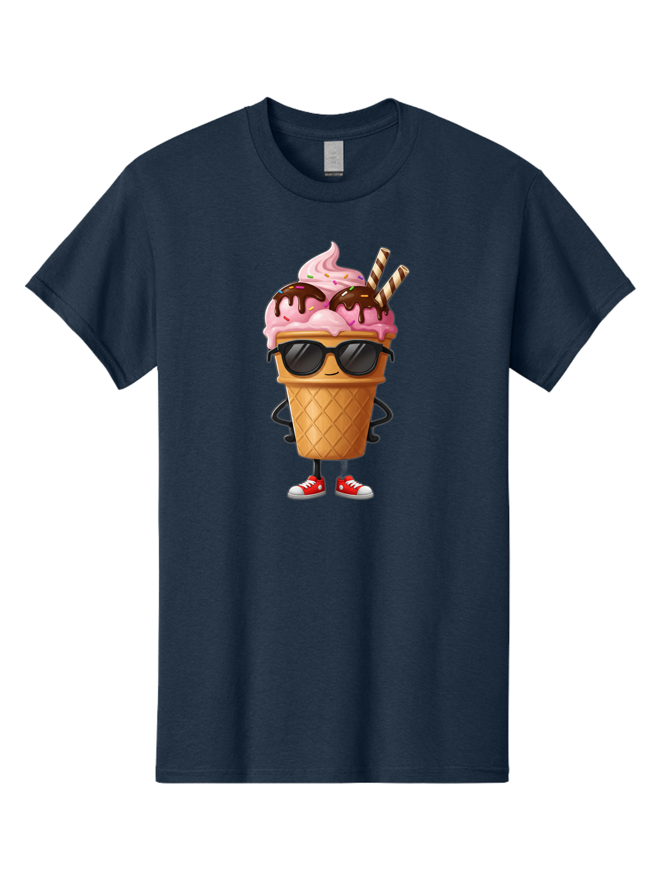 Cool-Ice-Cream-2 Men'S Graphic Tee, 100% Cotton, Comfortable Casual Summer Wear, Machine Washable, Ice Cream Cone Character, Pink Ice Cream, Chocolate Sauce, Striped Straws, Sunglasses, Red Sneakers, Cartoon Character, Sweet Treat, Baa400