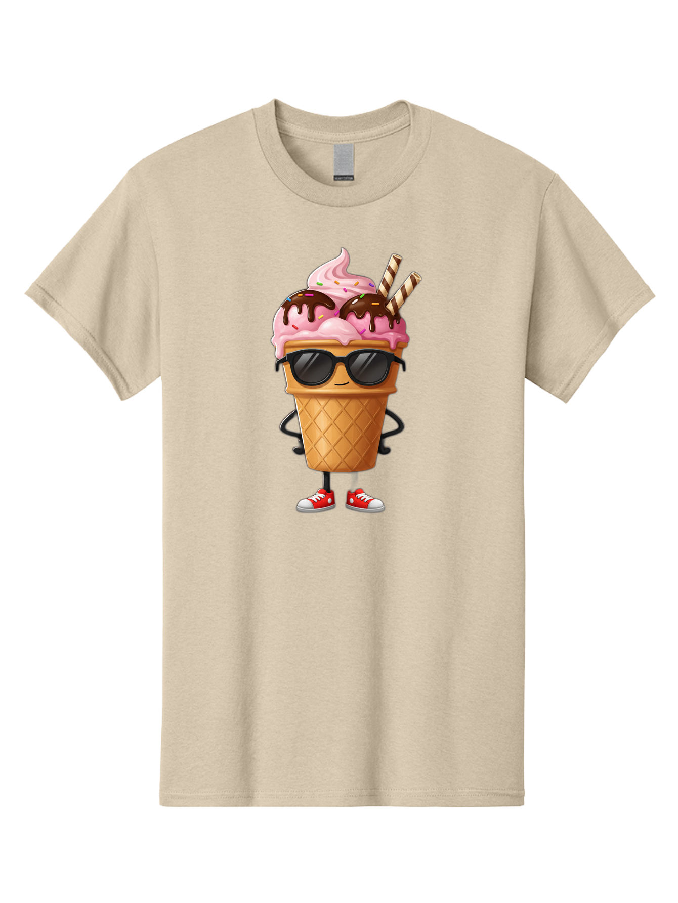 Cool-Ice-Cream-2 Men'S Graphic Tee, 100% Cotton, Comfortable Casual Summer Wear, Machine Washable, Ice Cream Cone Character, Pink Ice Cream, Chocolate Sauce, Striped Straws, Sunglasses, Red Sneakers, Cartoon Character, Sweet Treat, Baa400