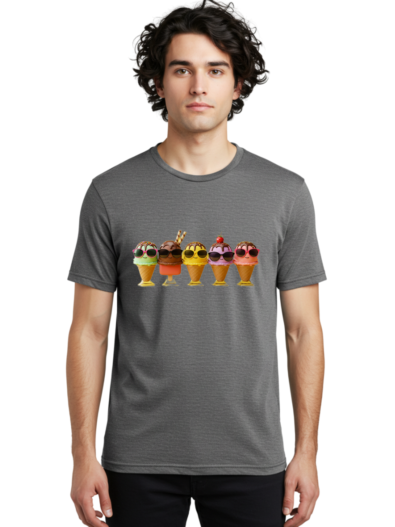 Cool-Ice-Cream-Cones Men'S Graphic Tee, 100% Cotton, Comfortable Casual Summer Wear, Machine Washable, Ice Cream Cones, Sunglasses, Cartoon Characters, Colorful Desserts, Sweet Treats, Fun Food, Happy Vibes, Summer Fun, Cool Cones Baa402