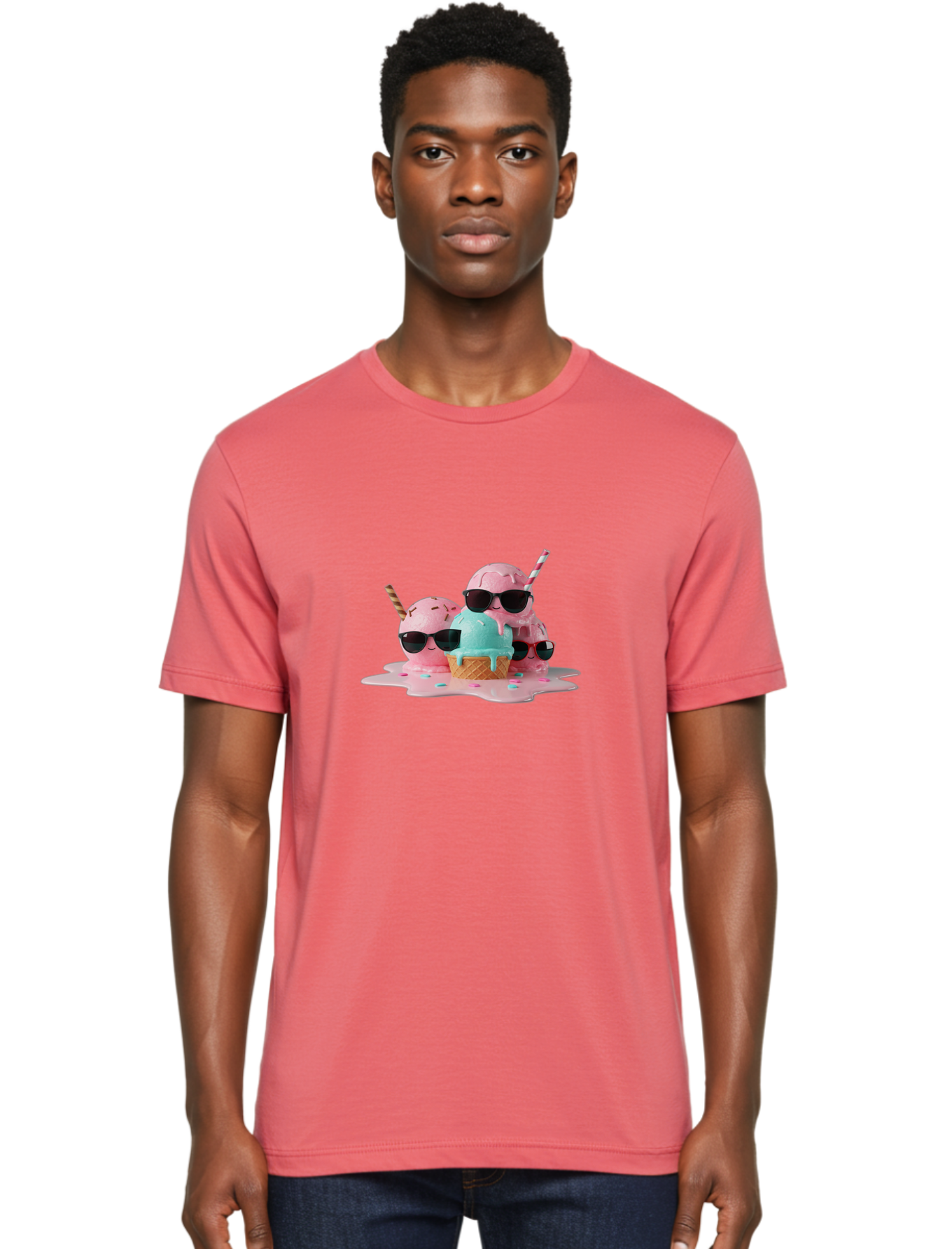 Cool-Ice-Cream Men'S Graphic Tee, 100% Cotton, Comfortable Casual Summer Wear, Machine Washable, Cool Ice Cream, Sunglasses, Pink Ice Cream, Melting Ice Cream, Blue Ice Cream, Sprinkles, Summer Treat, Sweet Dessert, Fun Snack, Cold Treat, Baa403