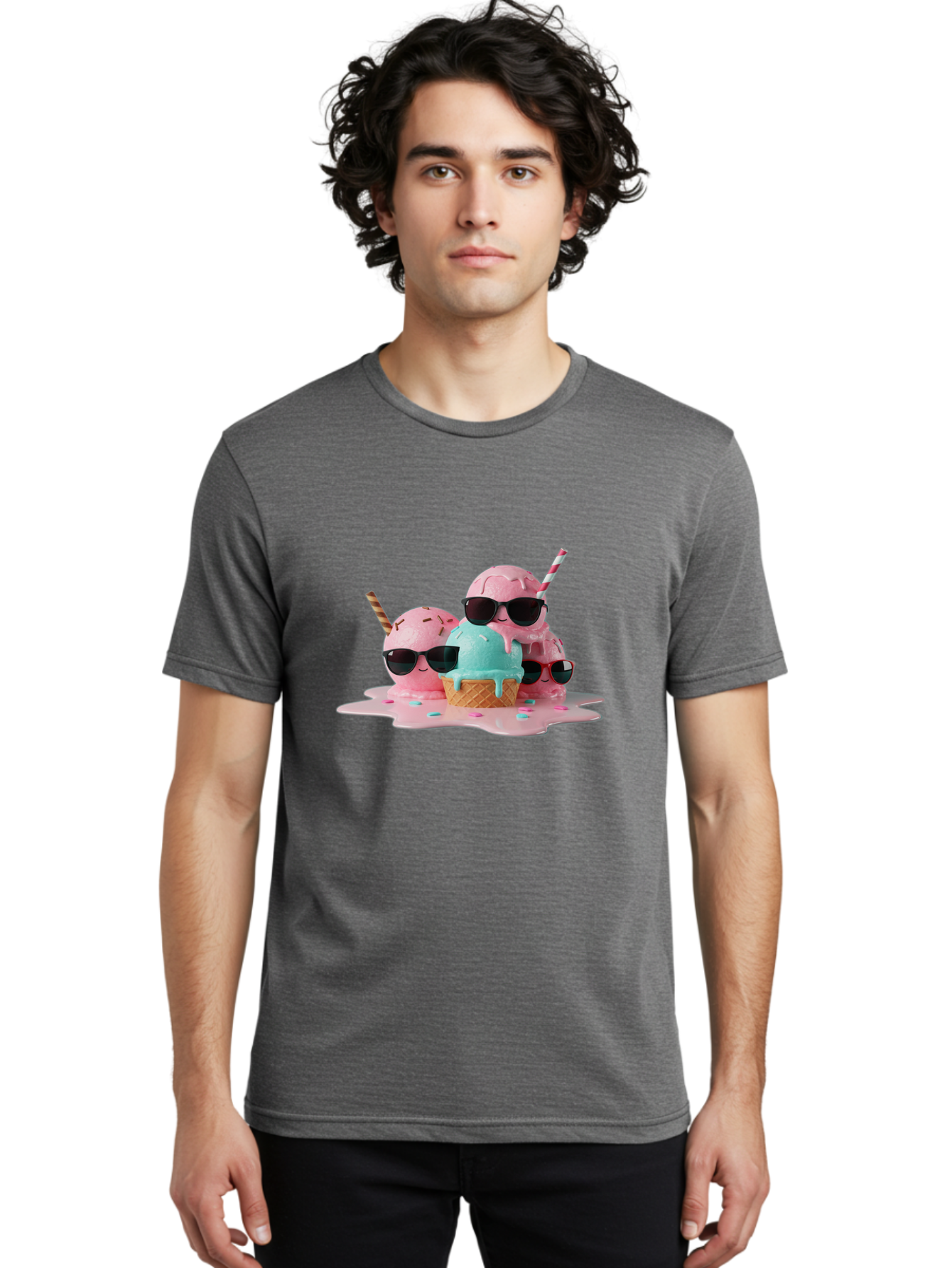 Cool-Ice-Cream Men'S Graphic Tee, 100% Cotton, Comfortable Casual Summer Wear, Machine Washable, Cool Ice Cream, Sunglasses, Pink Ice Cream, Melting Ice Cream, Blue Ice Cream, Sprinkles, Summer Treat, Sweet Dessert, Fun Snack, Cold Treat, Baa403