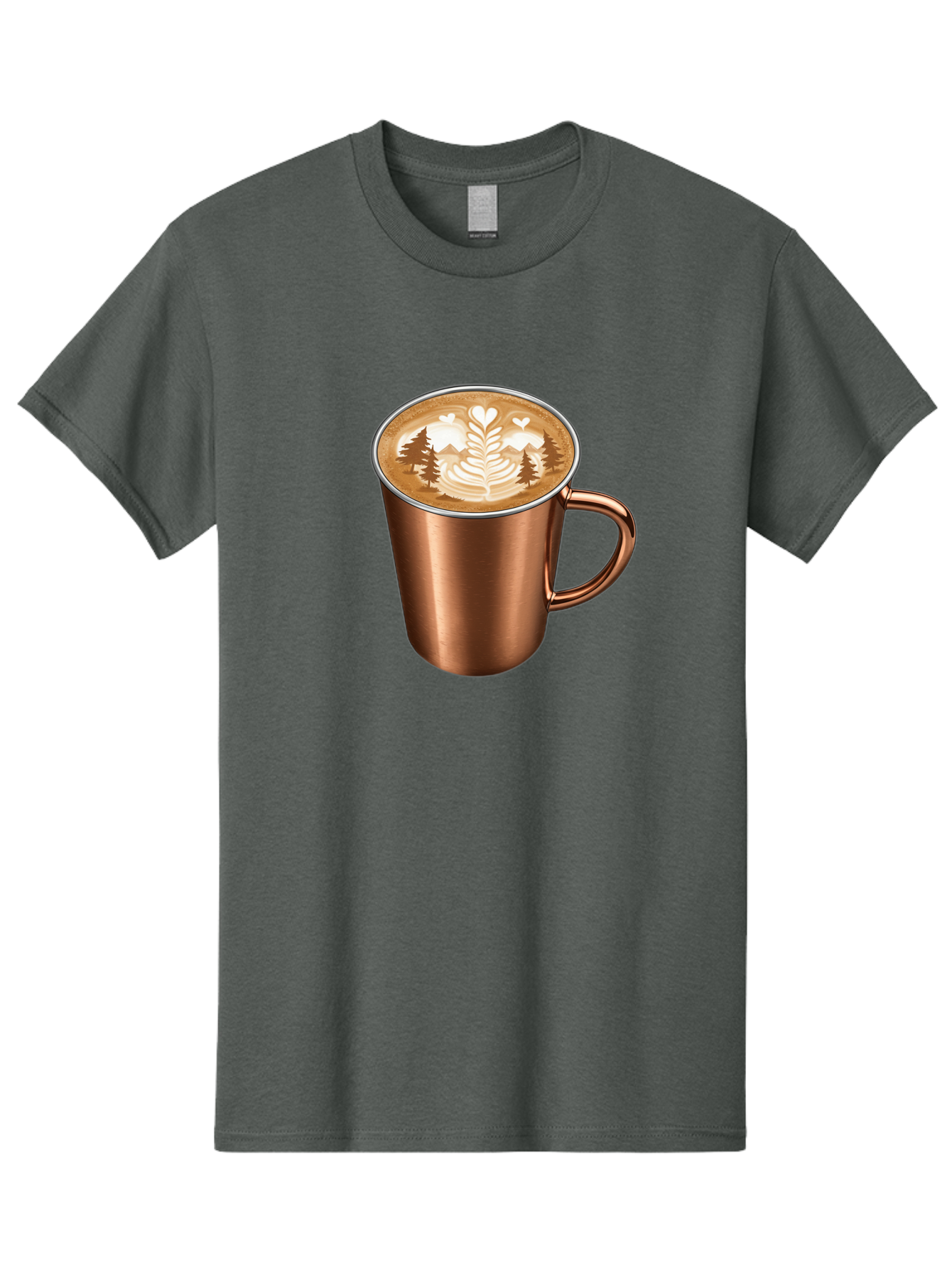 Copper-Coffee-Mug Men'S Graphic Tee, 100% Cotton, Comfortable Casual Summer Wear, Machine Washable, Latte Art, Coffee Drink, Copper Mug, Forest Design, Heart-Shaped Leaves, Coffee Culture, Specialty Coffee, Beverage, Morning Coffee Baa404