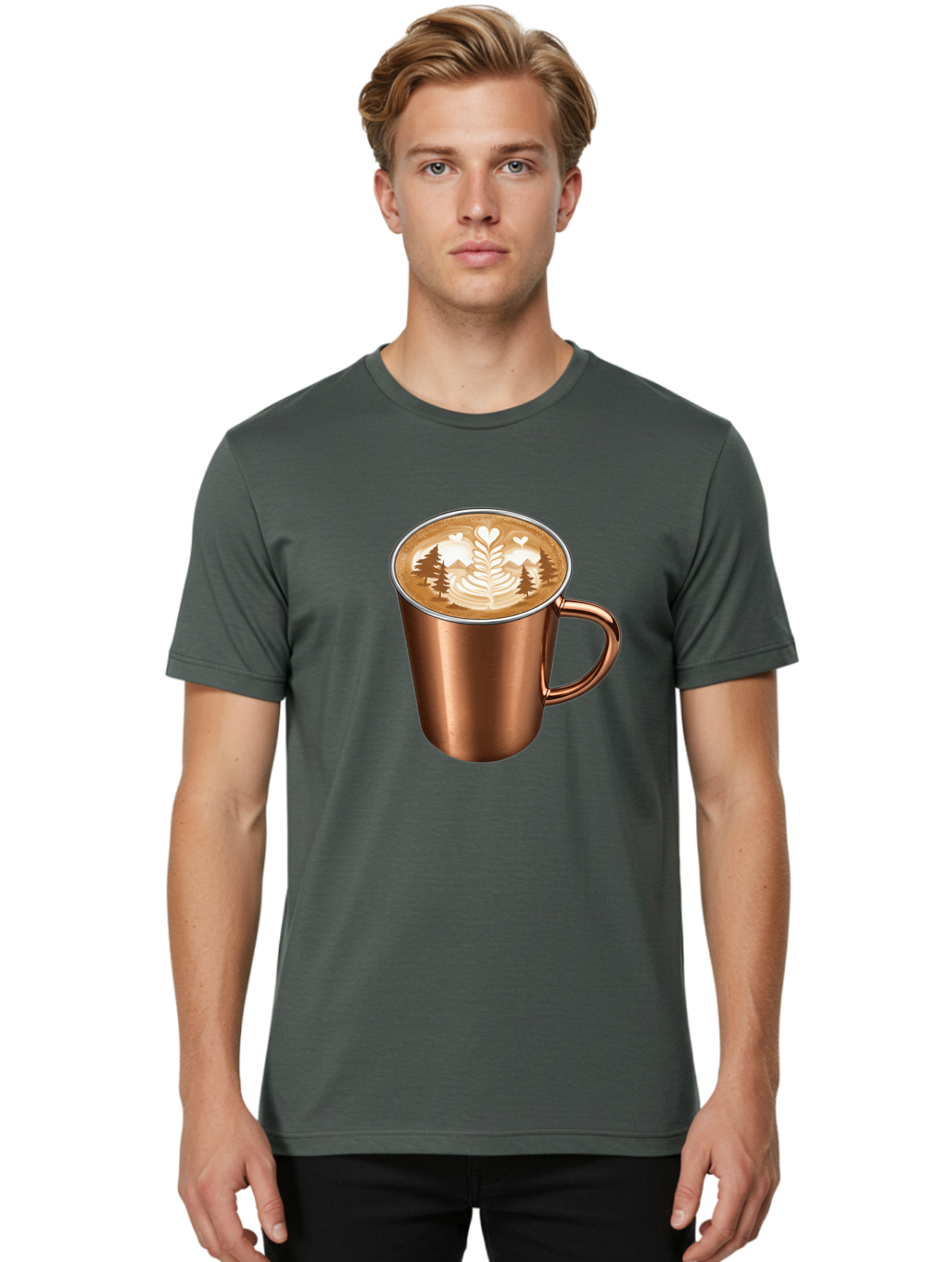 Copper-Coffee-Mug Men'S Graphic Tee, 100% Cotton, Comfortable Casual Summer Wear, Machine Washable, Latte Art, Coffee Drink, Copper Mug, Forest Design, Heart-Shaped Leaves, Coffee Culture, Specialty Coffee, Beverage, Morning Coffee Baa404
