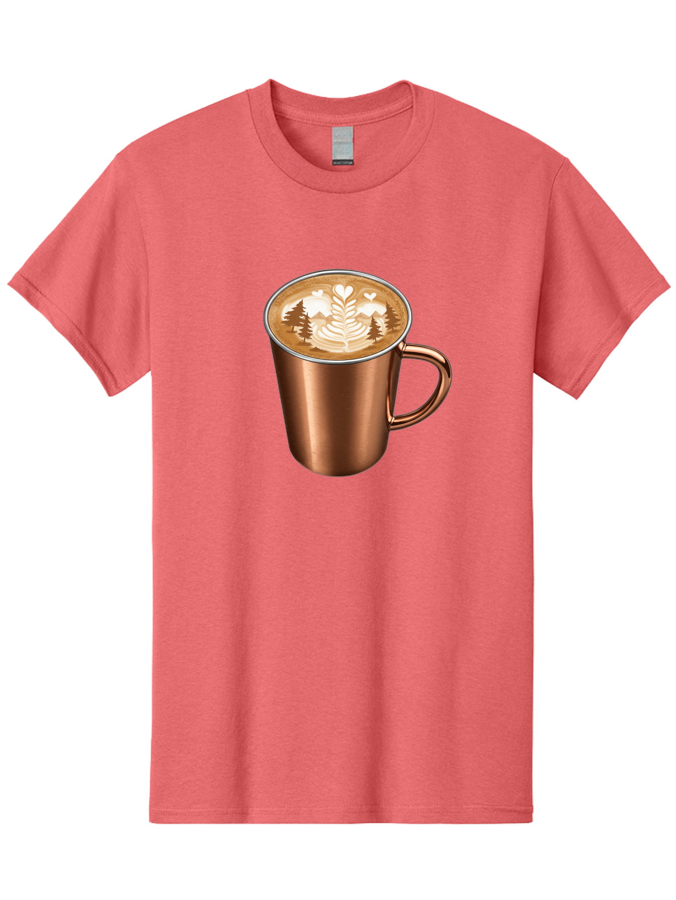 Copper-Coffee-Mug Men'S Graphic Tee, 100% Cotton, Comfortable Casual Summer Wear, Machine Washable, Latte Art, Coffee Drink, Copper Mug, Forest Design, Heart-Shaped Leaves, Coffee Culture, Specialty Coffee, Beverage, Morning Coffee Baa404