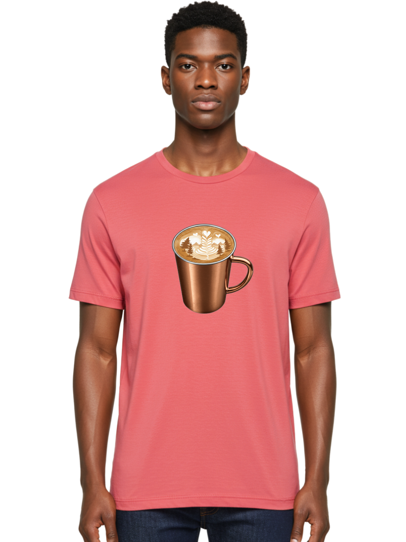 Copper-Coffee-Mug Men'S Graphic Tee, 100% Cotton, Comfortable Casual Summer Wear, Machine Washable, Latte Art, Coffee Drink, Copper Mug, Forest Design, Heart-Shaped Leaves, Coffee Culture, Specialty Coffee, Beverage, Morning Coffee Baa404