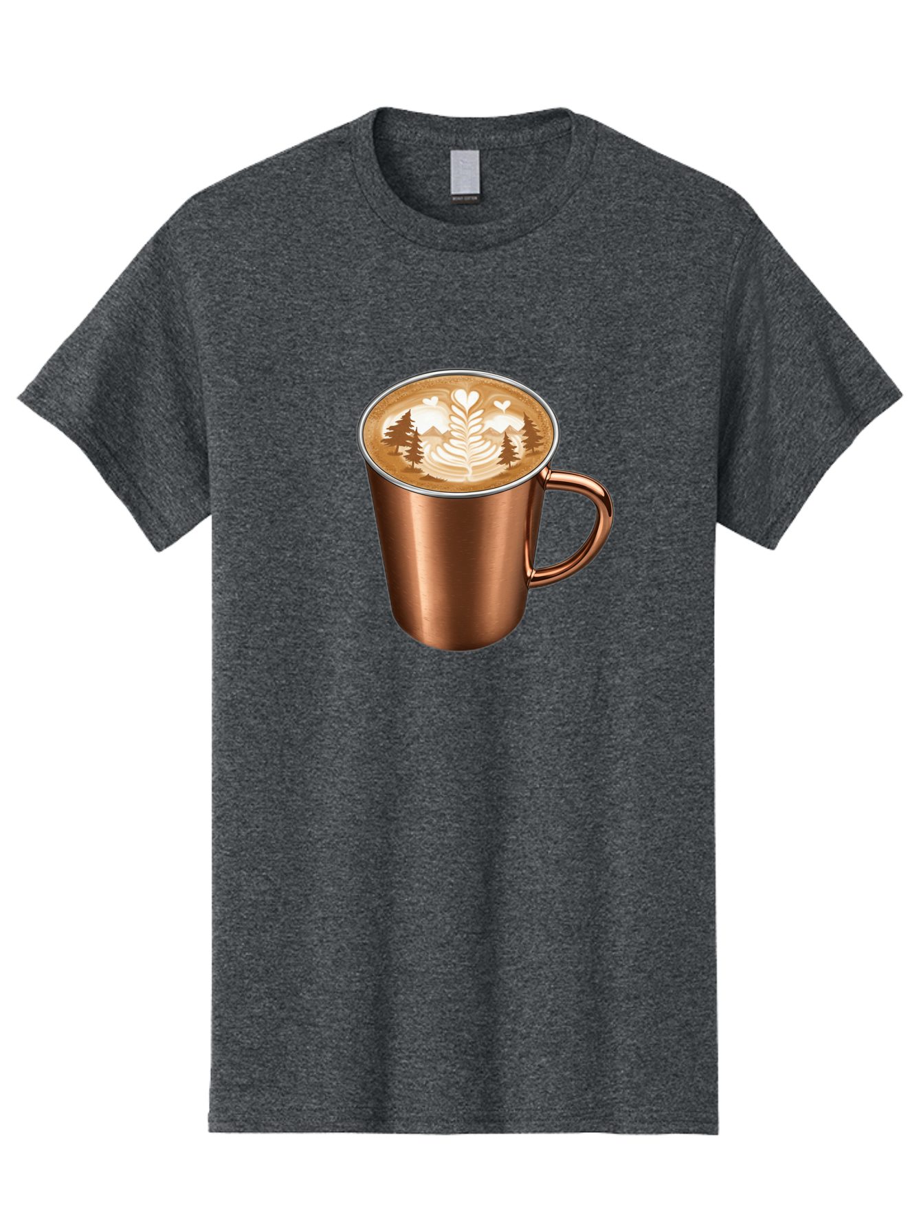 Copper-Coffee-Mug Men'S Graphic Tee, 100% Cotton, Comfortable Casual Summer Wear, Machine Washable, Latte Art, Coffee Drink, Copper Mug, Forest Design, Heart-Shaped Leaves, Coffee Culture, Specialty Coffee, Beverage, Morning Coffee Baa404