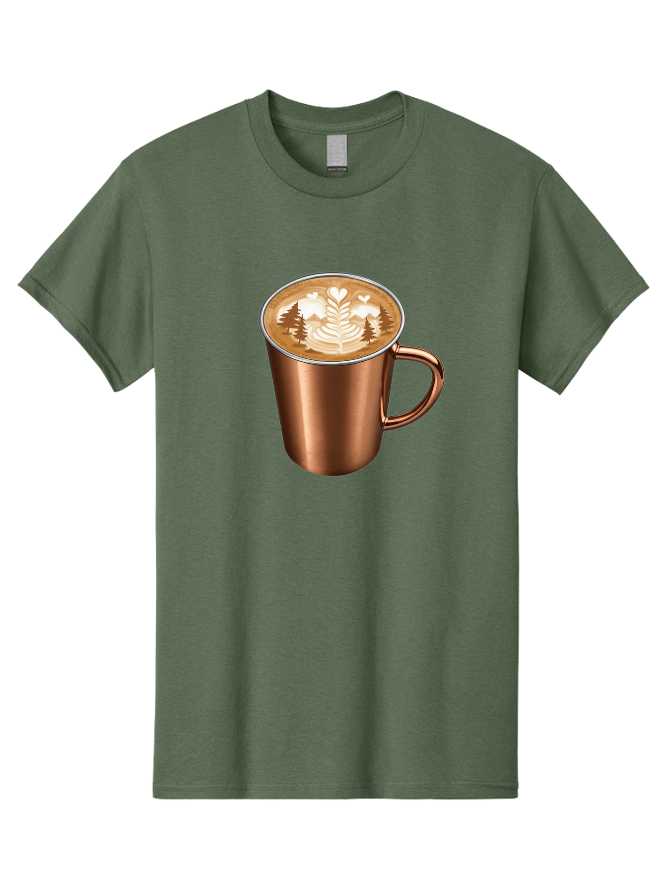 Copper-Coffee-Mug Men'S Graphic Tee, 100% Cotton, Comfortable Casual Summer Wear, Machine Washable, Latte Art, Coffee Drink, Copper Mug, Forest Design, Heart-Shaped Leaves, Coffee Culture, Specialty Coffee, Beverage, Morning Coffee Baa404