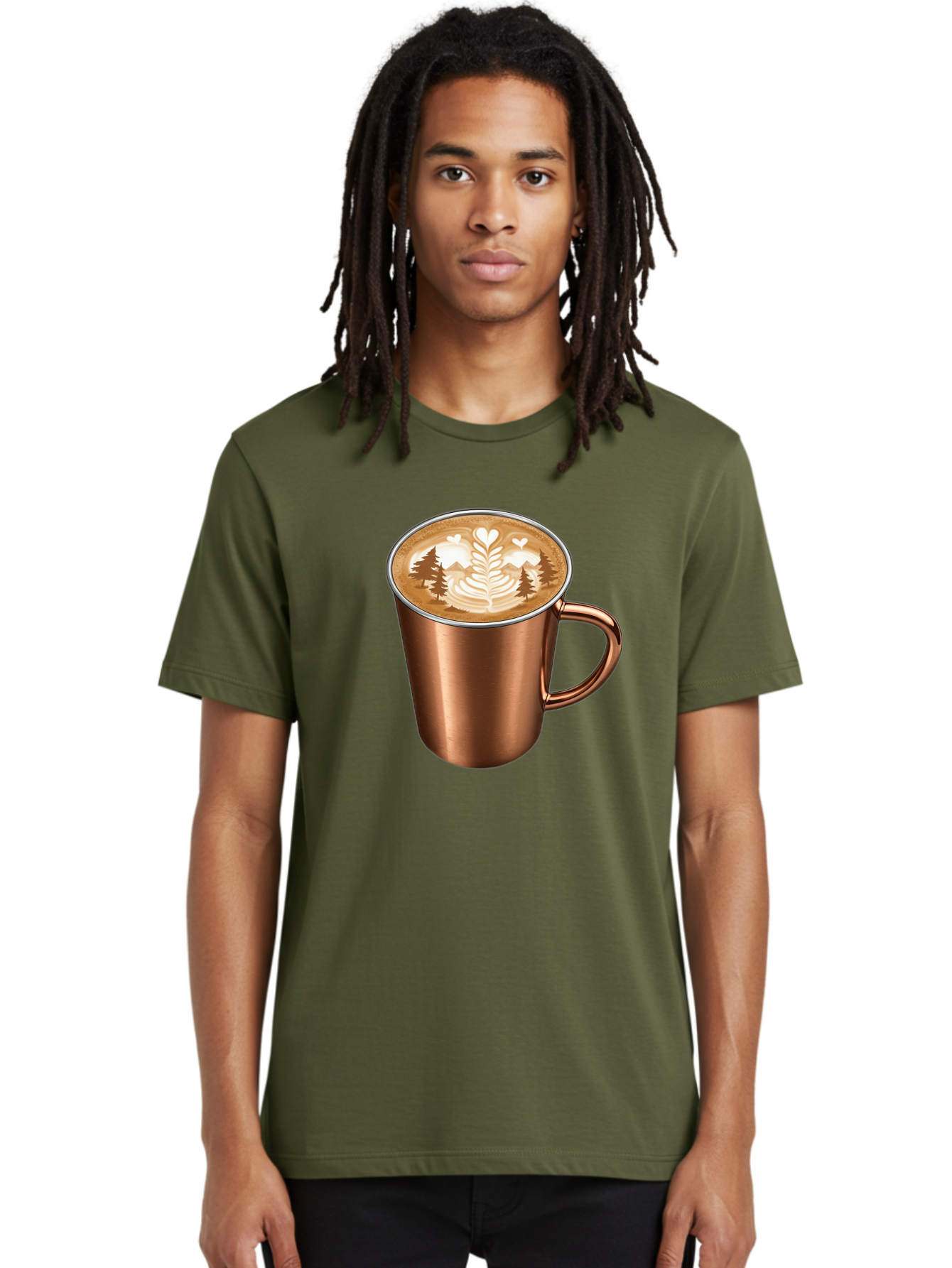 Copper-Coffee-Mug Men'S Graphic Tee, 100% Cotton, Comfortable Casual Summer Wear, Machine Washable, Latte Art, Coffee Drink, Copper Mug, Forest Design, Heart-Shaped Leaves, Coffee Culture, Specialty Coffee, Beverage, Morning Coffee Baa404